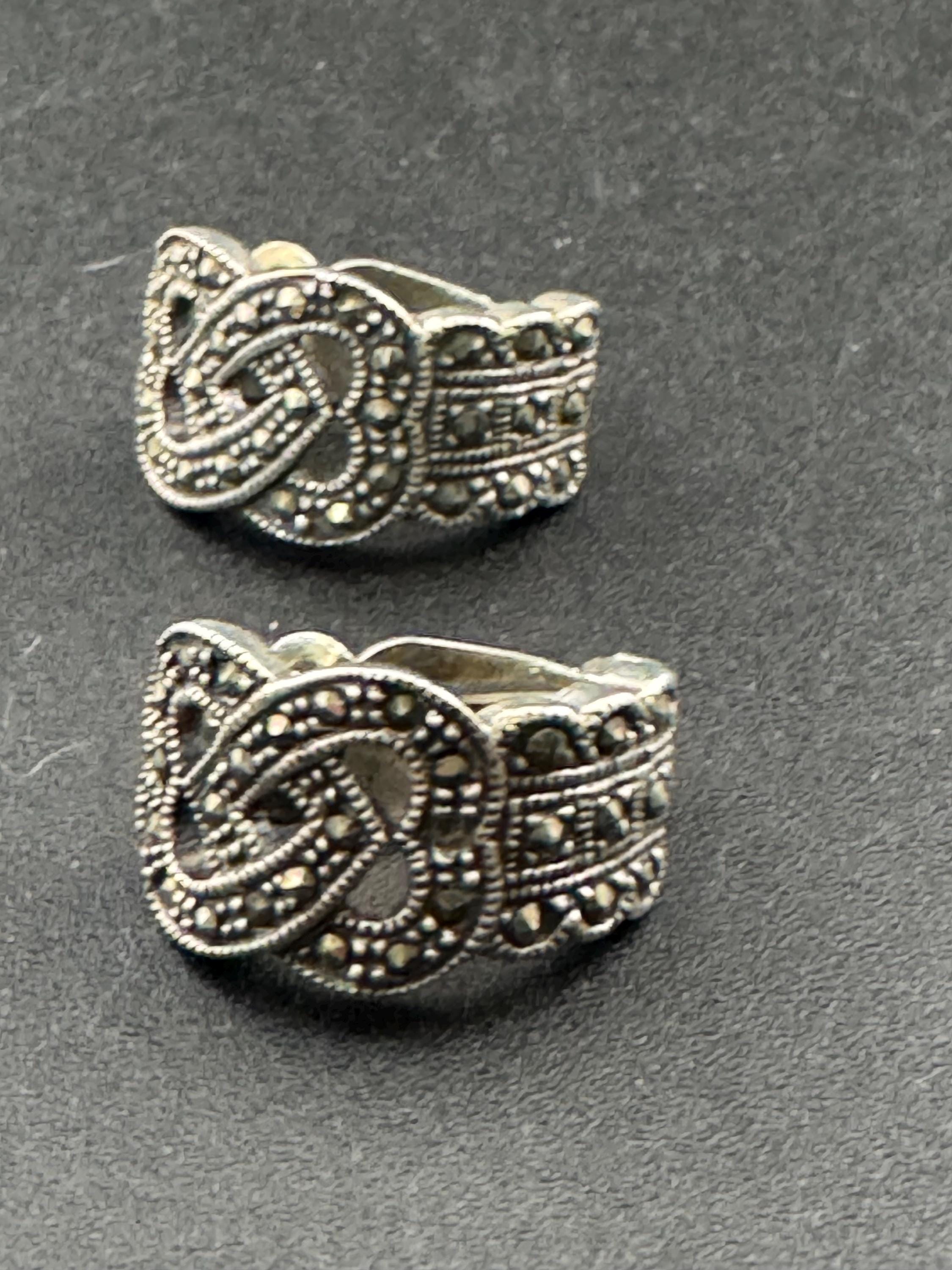 Vintage style 925 Marcasite love heart  Clip On earrings , art deco style sterling silver