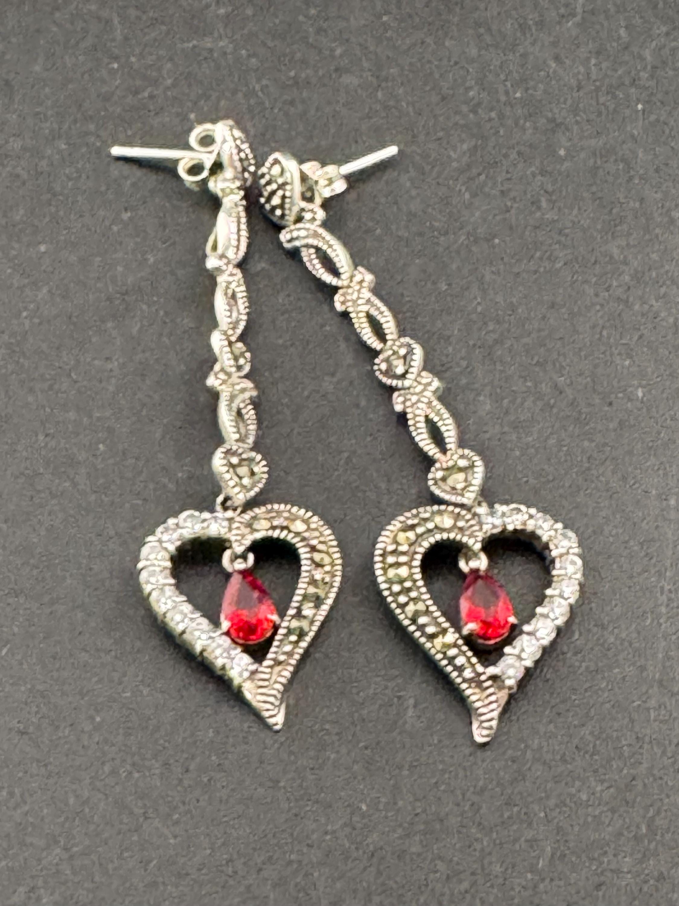 Vintage 925 Marcasite Ruby Red teardrop genstone pierced love heart drop Earrings sterling silver 6cm 7.1 gram