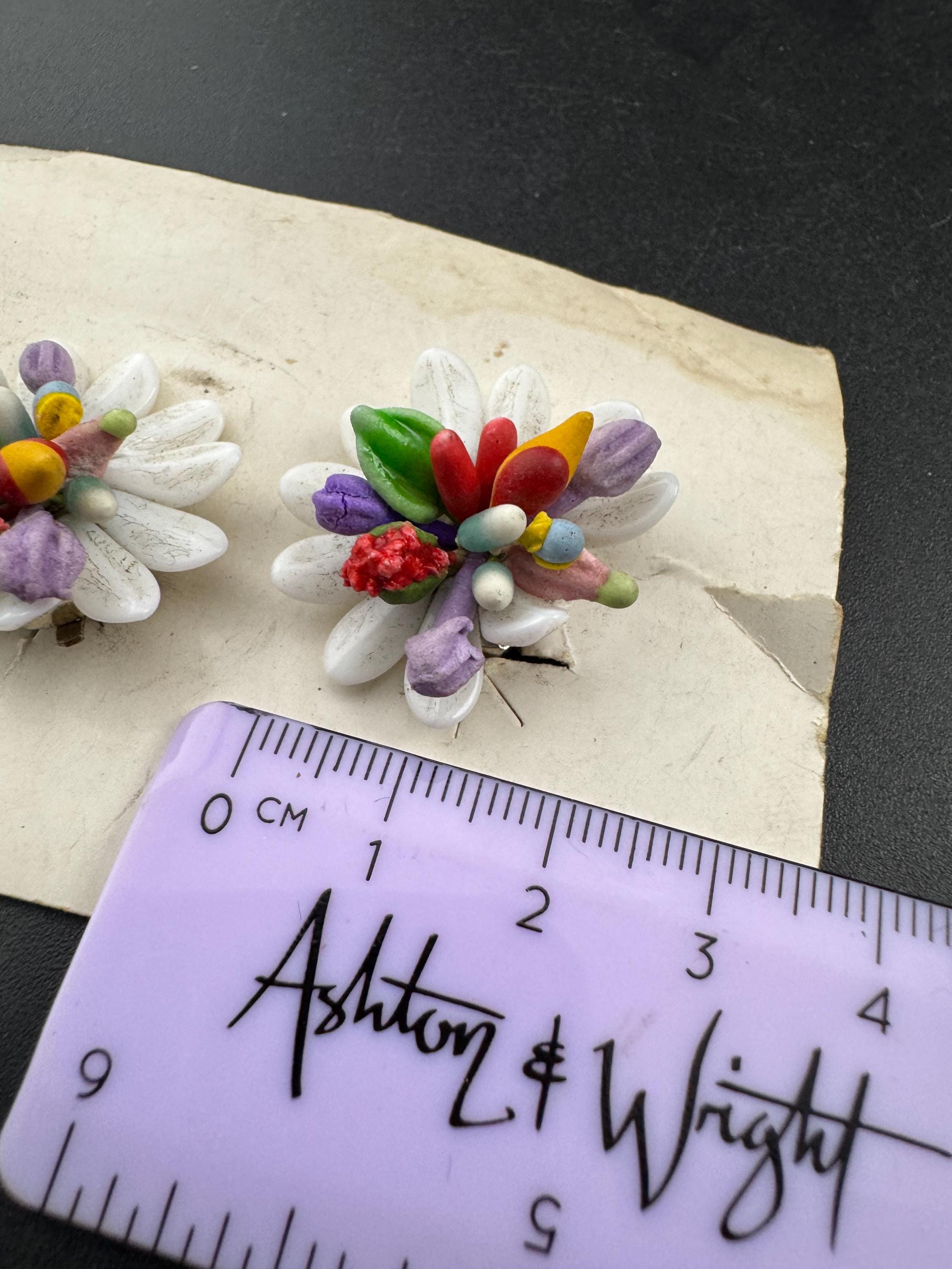 Vintage milk glass beaded spring flowers Cluster Clip On Earrings as found