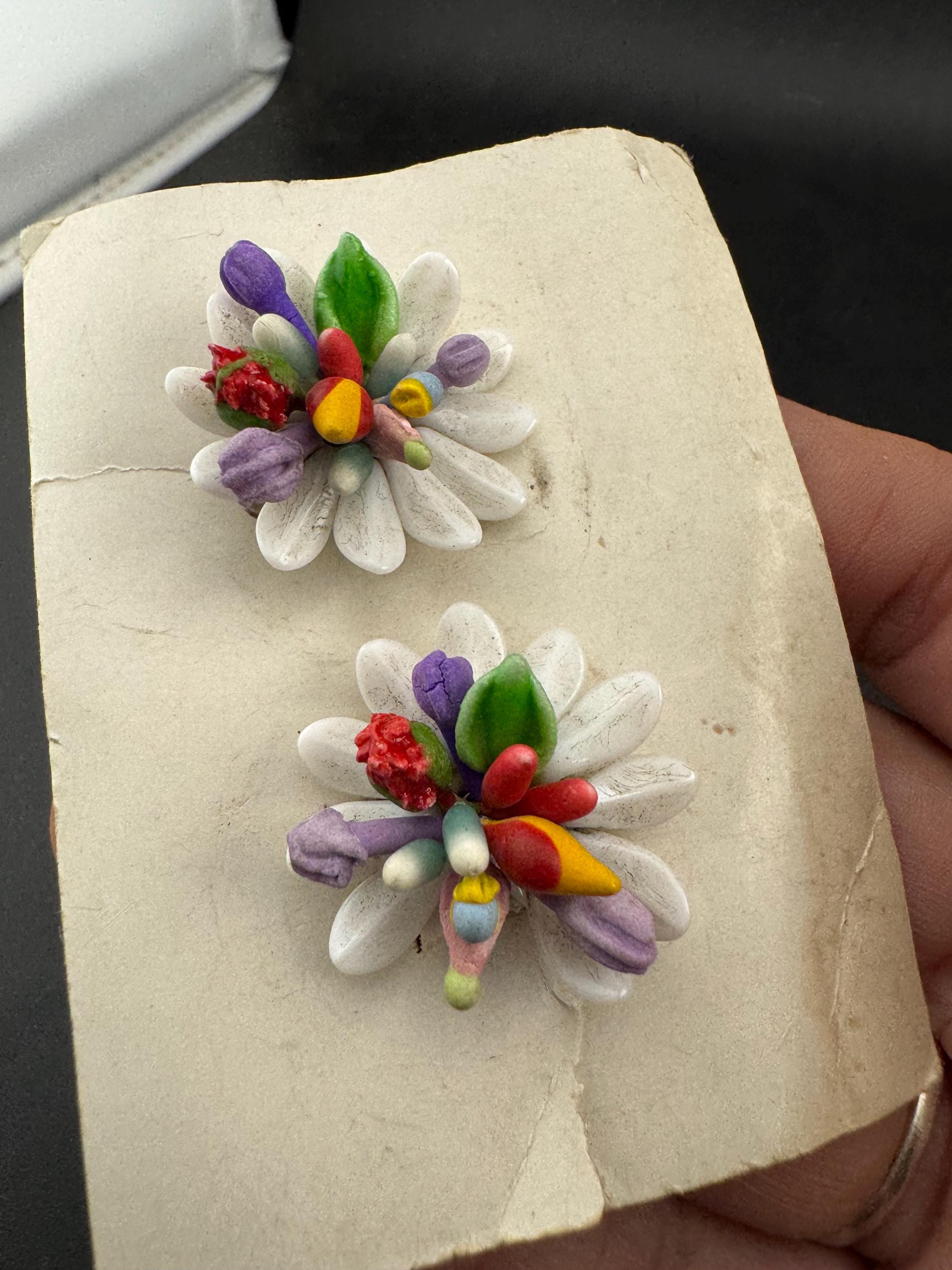Vintage milk glass beaded spring flowers Cluster Clip On Earrings as found