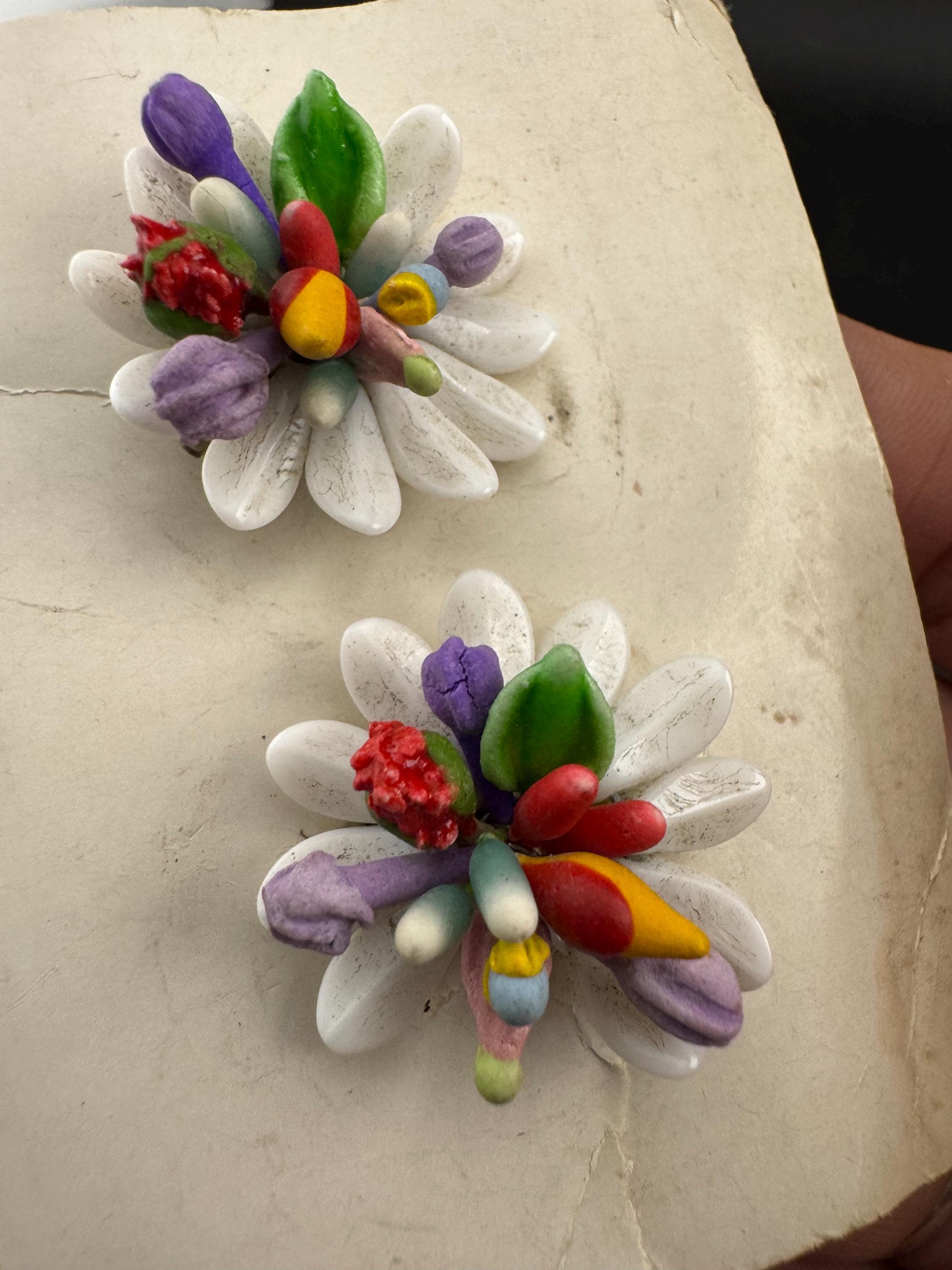 Vintage milk glass beaded spring flowers Cluster Clip On Earrings as found