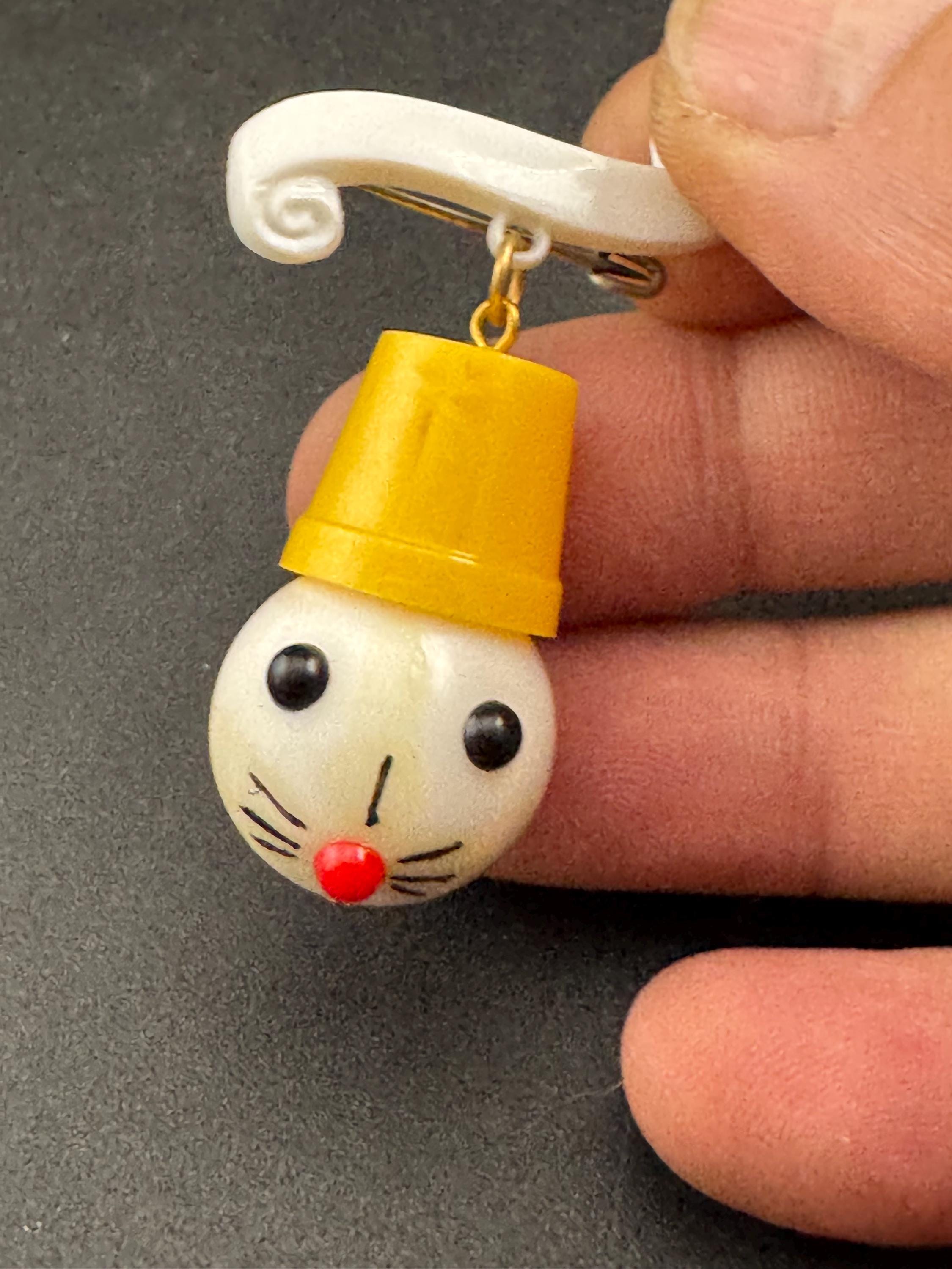 Vintage 1940s kitsch cute Early Plastic dangly rabbit or mouse in a yellow hat brooch