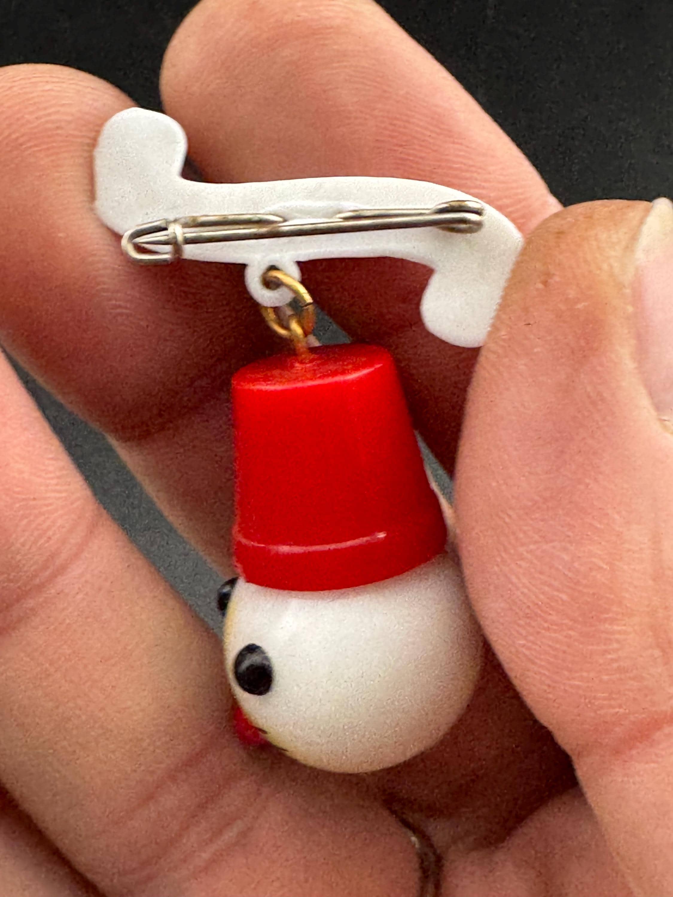 Vintage 1940s kitsch cute Early Plastic dangly rabbit or mouse in a red hat brooch