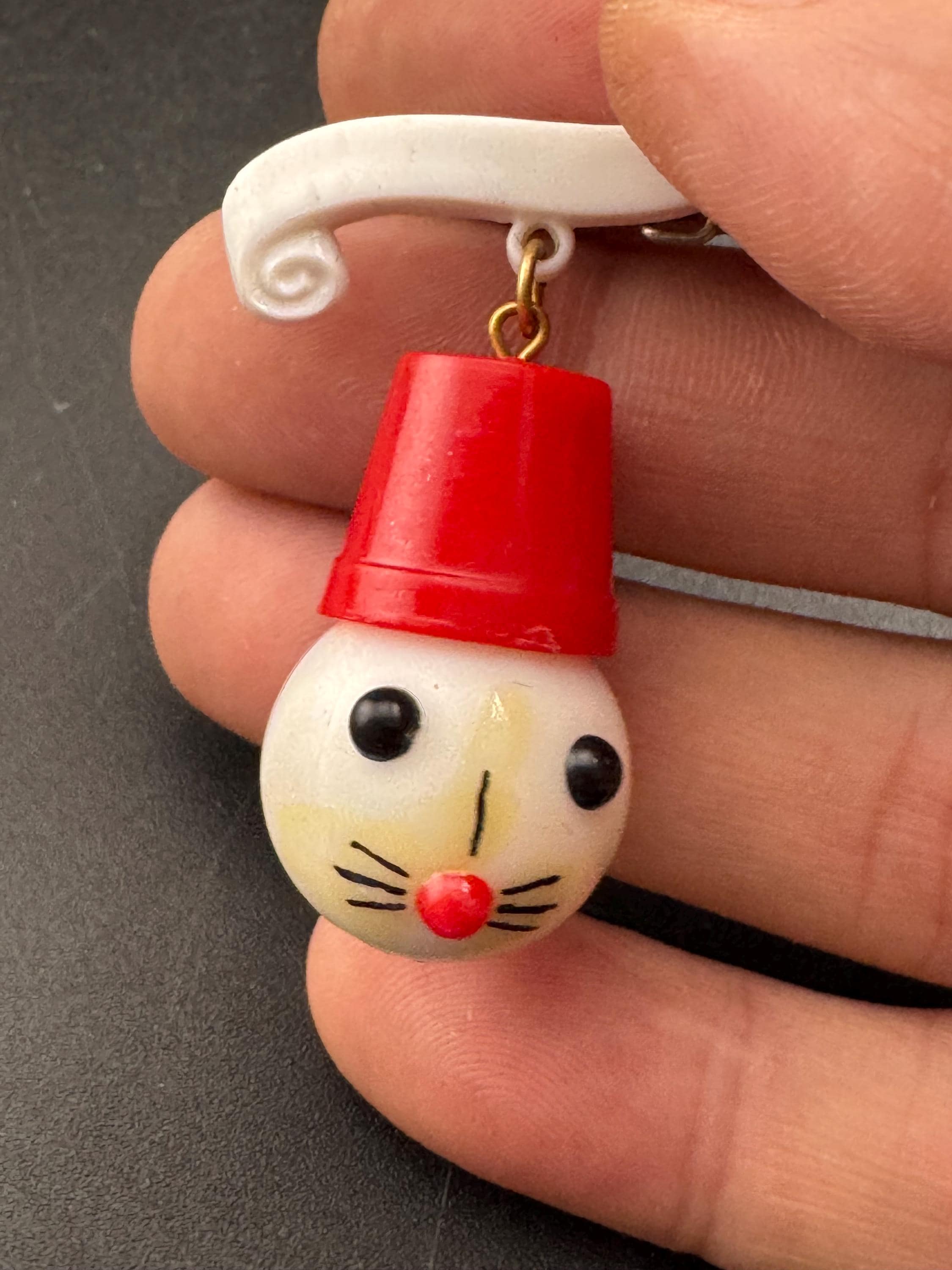 Vintage 1940s kitsch cute Early Plastic dangly rabbit or mouse in a red hat brooch