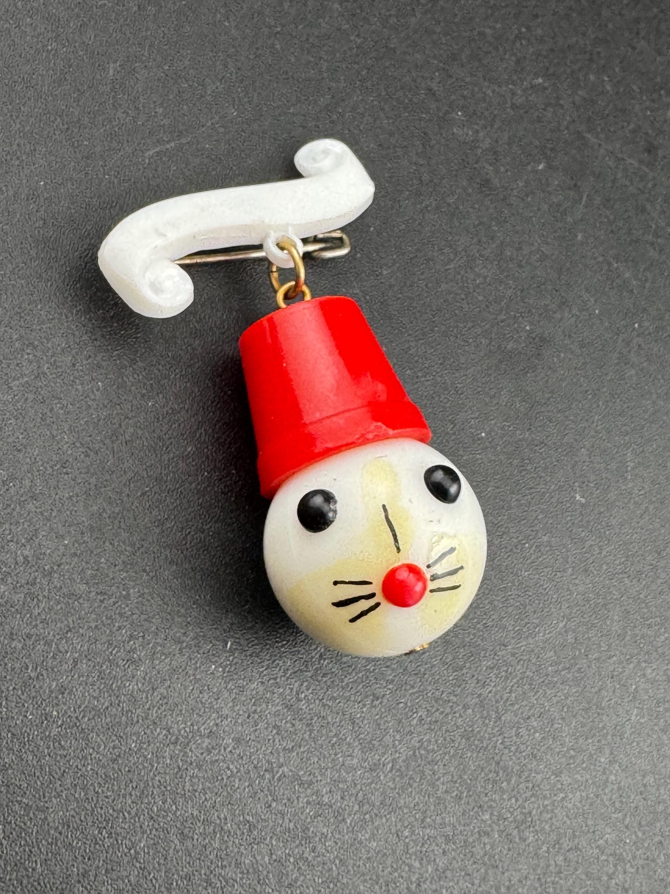 Vintage 1940s kitsch cute Early Plastic dangly rabbit or mouse in a red hat brooch