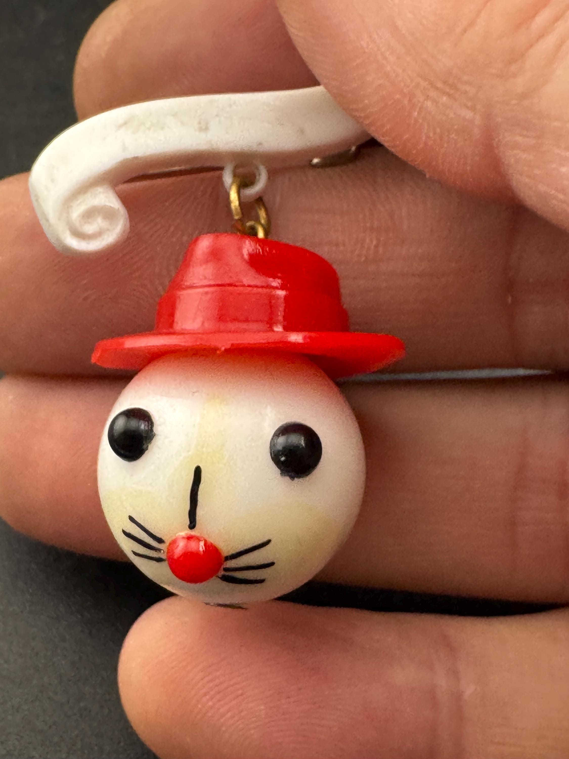 Vintage 1940s kitsch cute Early Plastic dangly rabbit or mouse in a red hat brooch