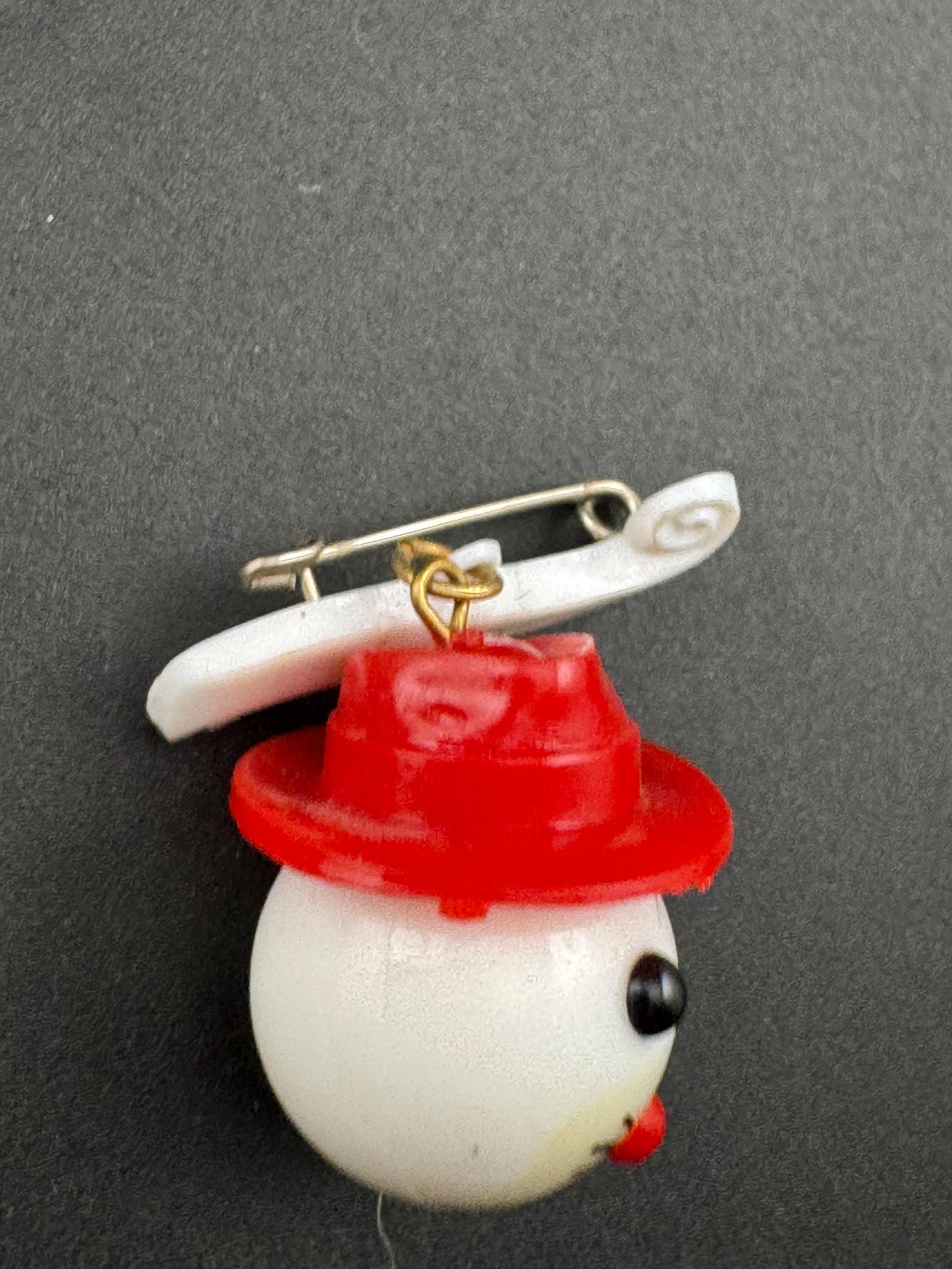 Vintage 1940s kitsch cute Early Plastic dangly rabbit or mouse in a red hat brooch
