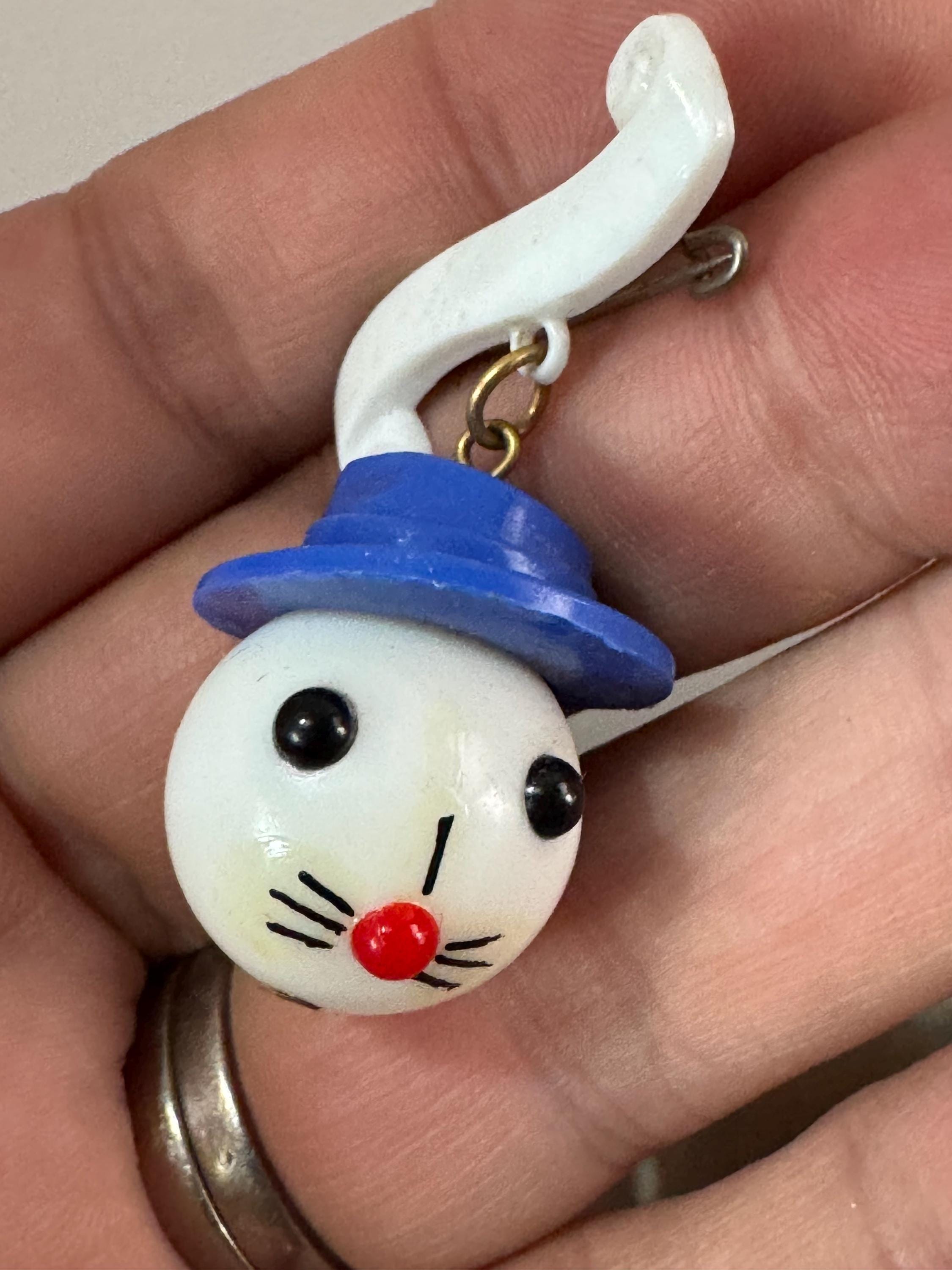 Vintage 1940s kitsch cute Early Plastic dangly rabbit or mouse in a blue hat brooch