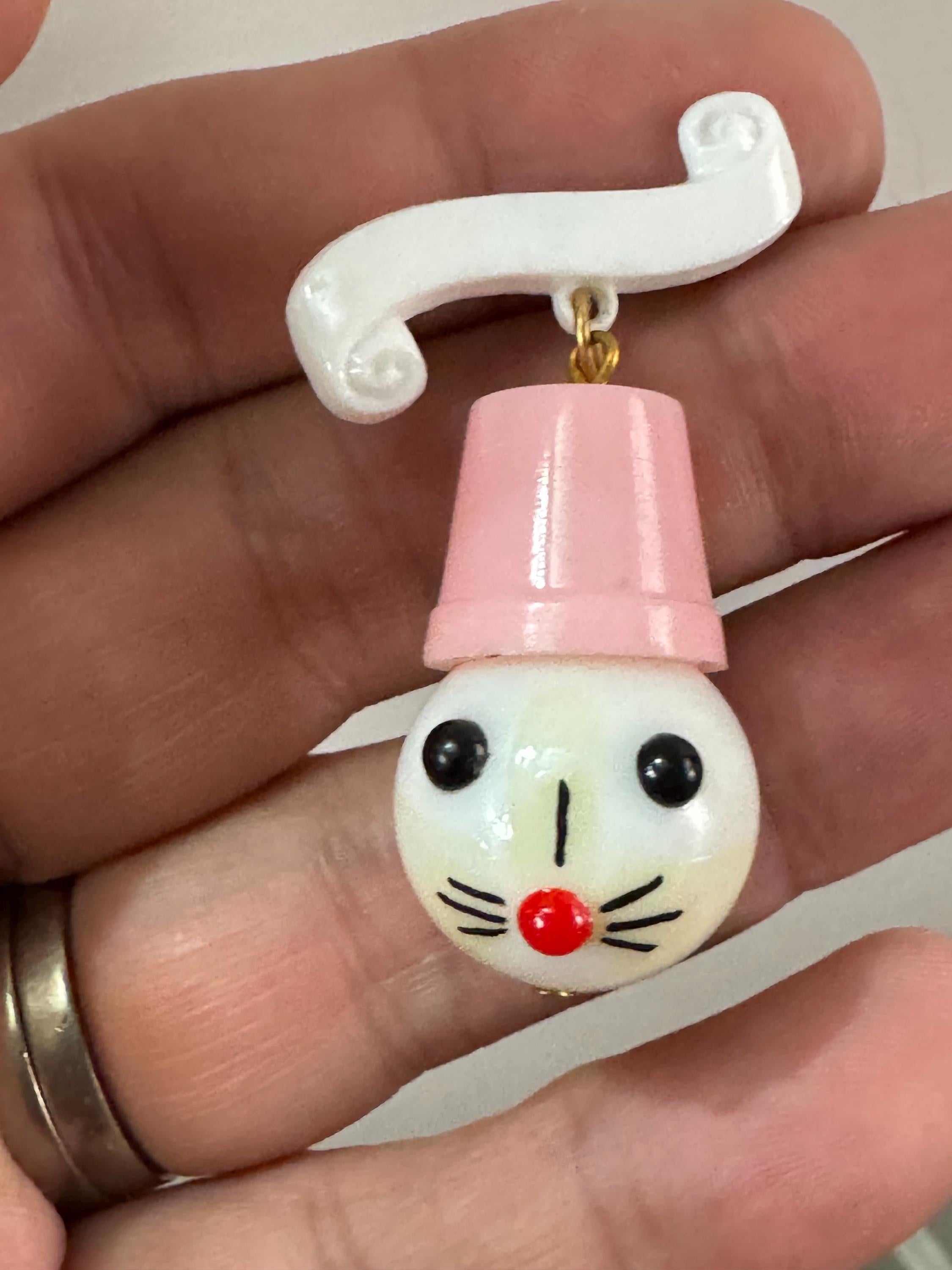 Vintage 1940s kitsch cute Early Plastic dangly cat rabbit or mouse in a pink hat brooch