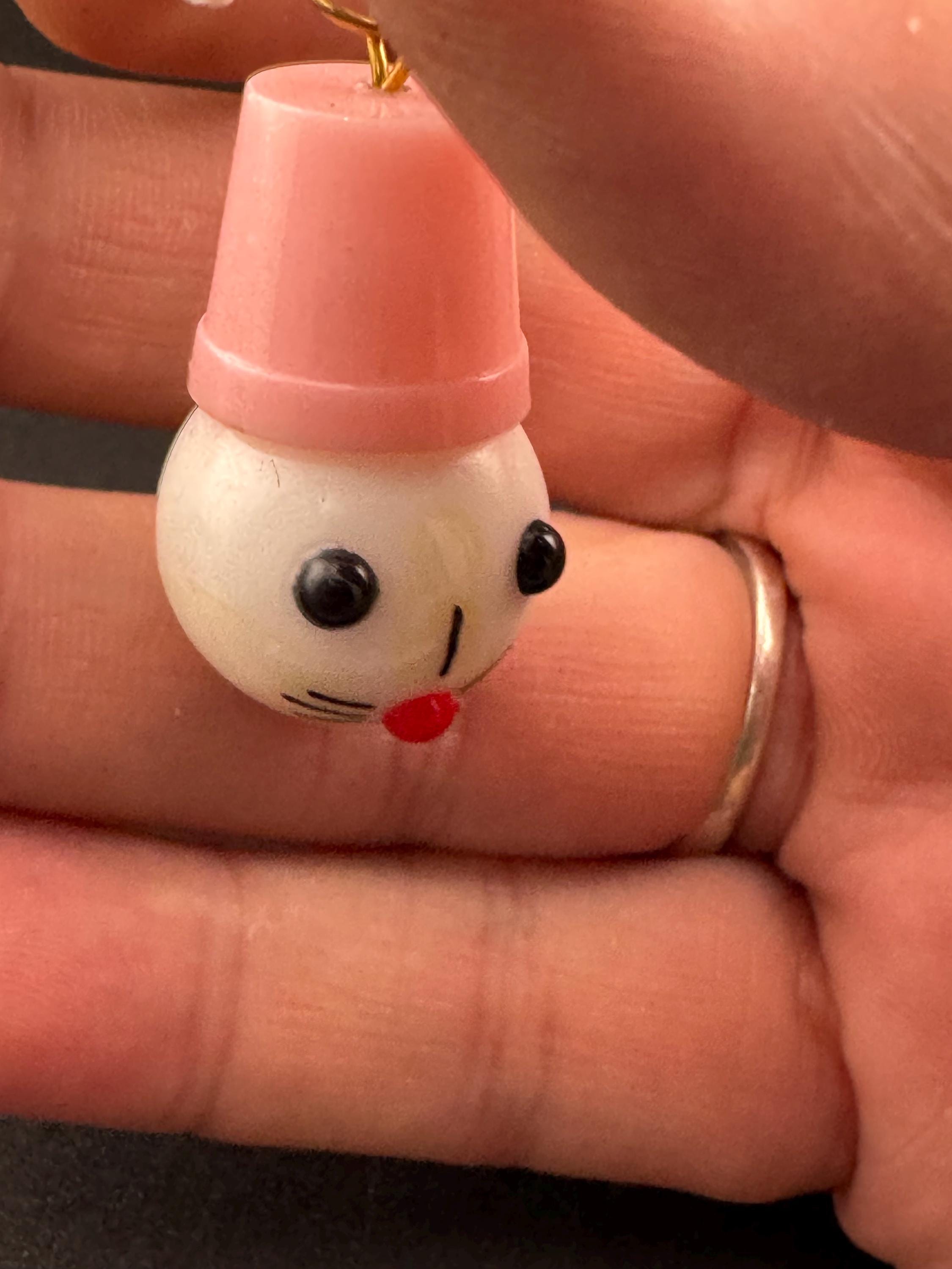 Vintage 1940s kitsch cute Early Plastic dangly cat rabbit or mouse in a pink hat brooch