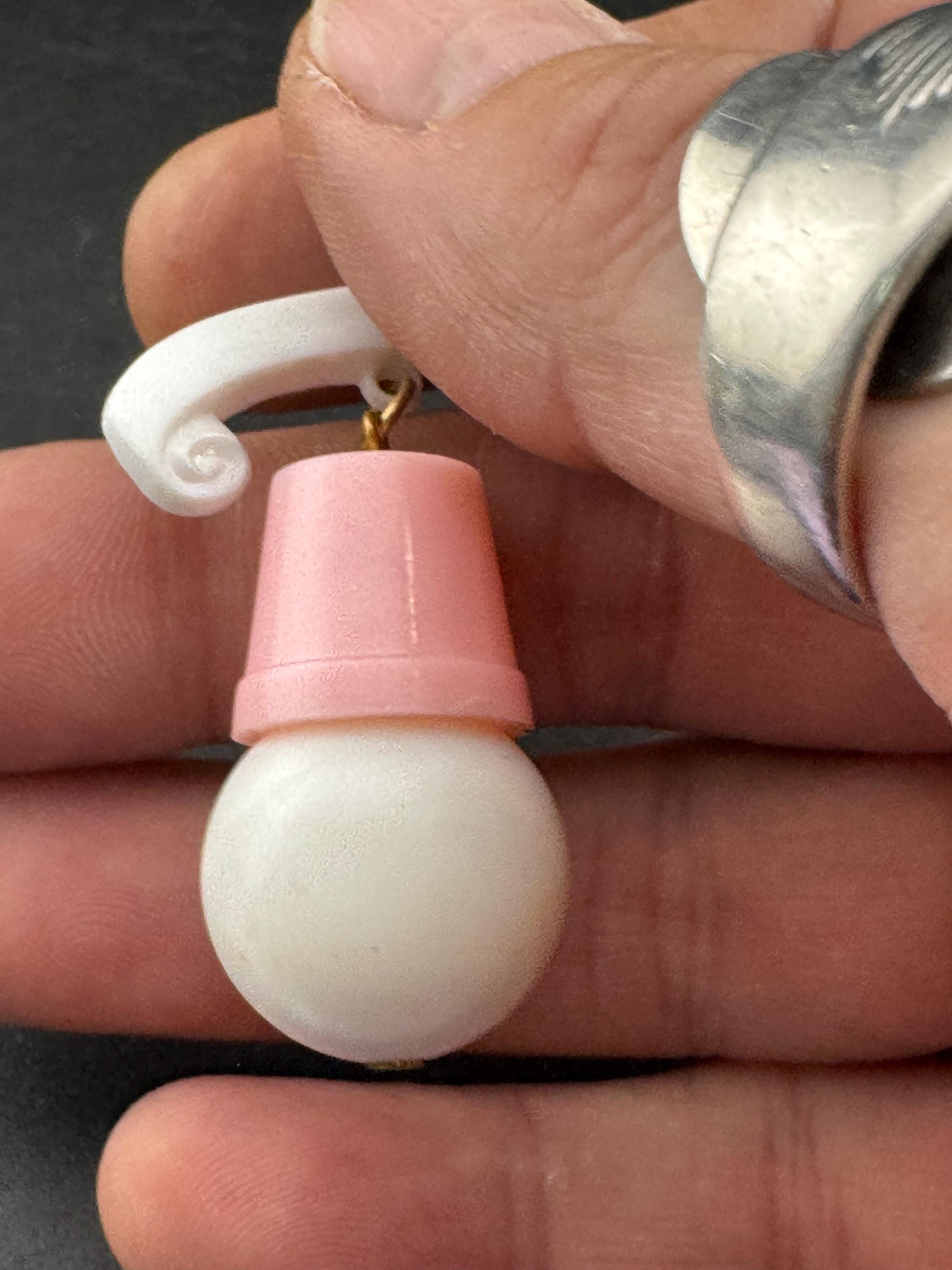 Vintage 1940s kitsch cute Early Plastic dangly cat rabbit or mouse in a pink hat brooch
