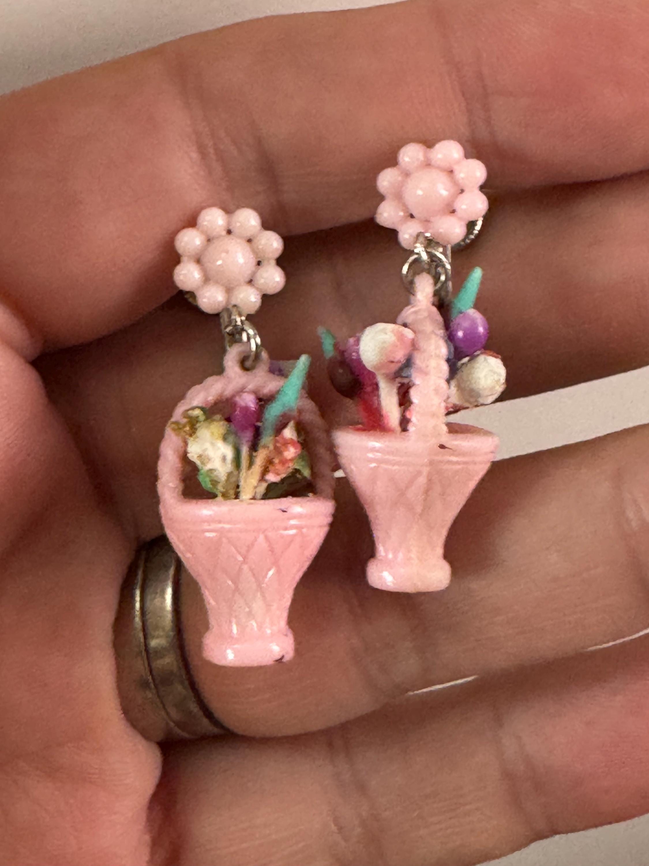 Super kitsch vintage pink plastic FRUIT flower Basket clip on drop earrings 1930s Art Deco
