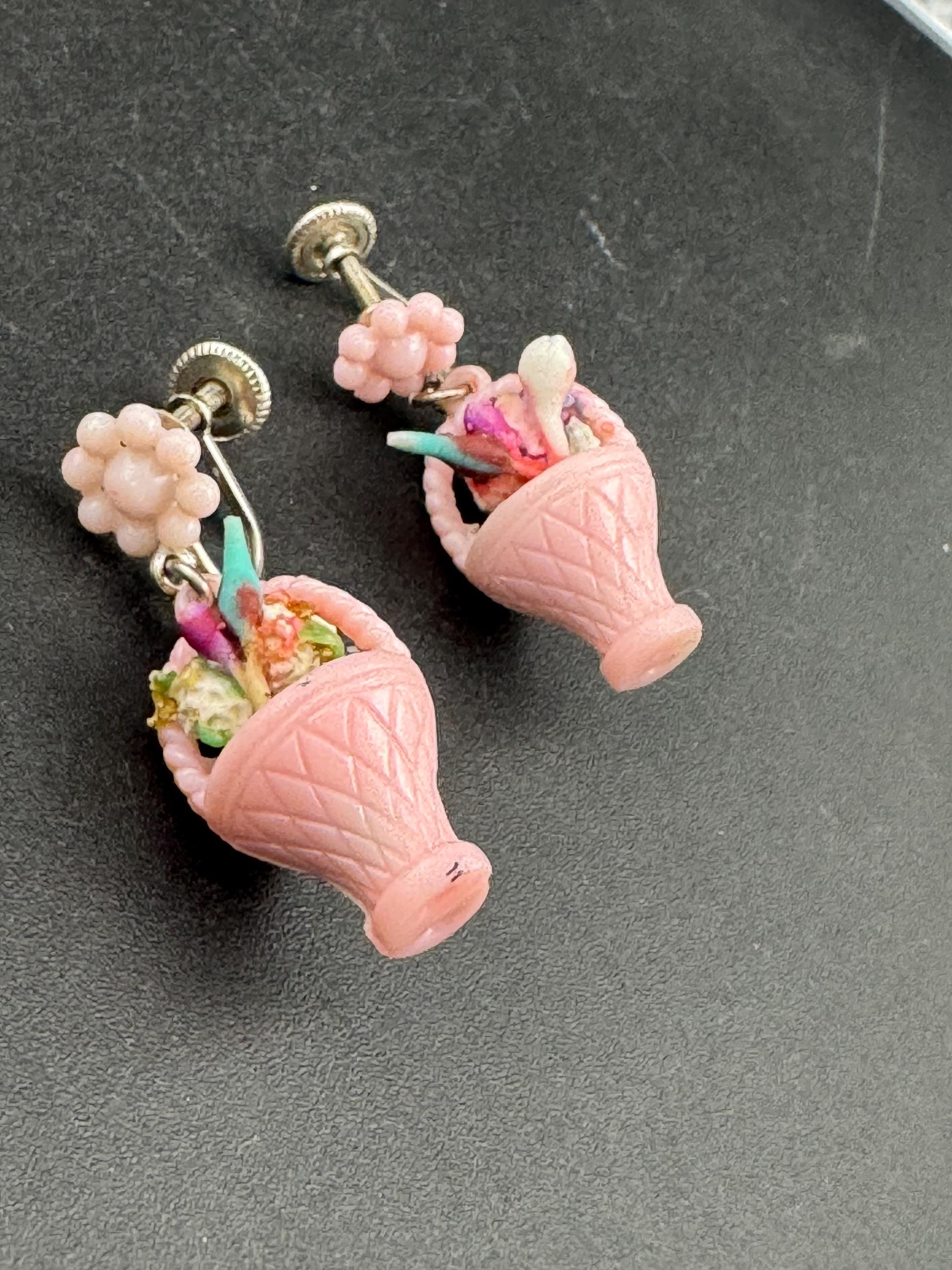 Super kitsch vintage pink plastic FRUIT flower Basket clip on drop earrings 1930s Art Deco