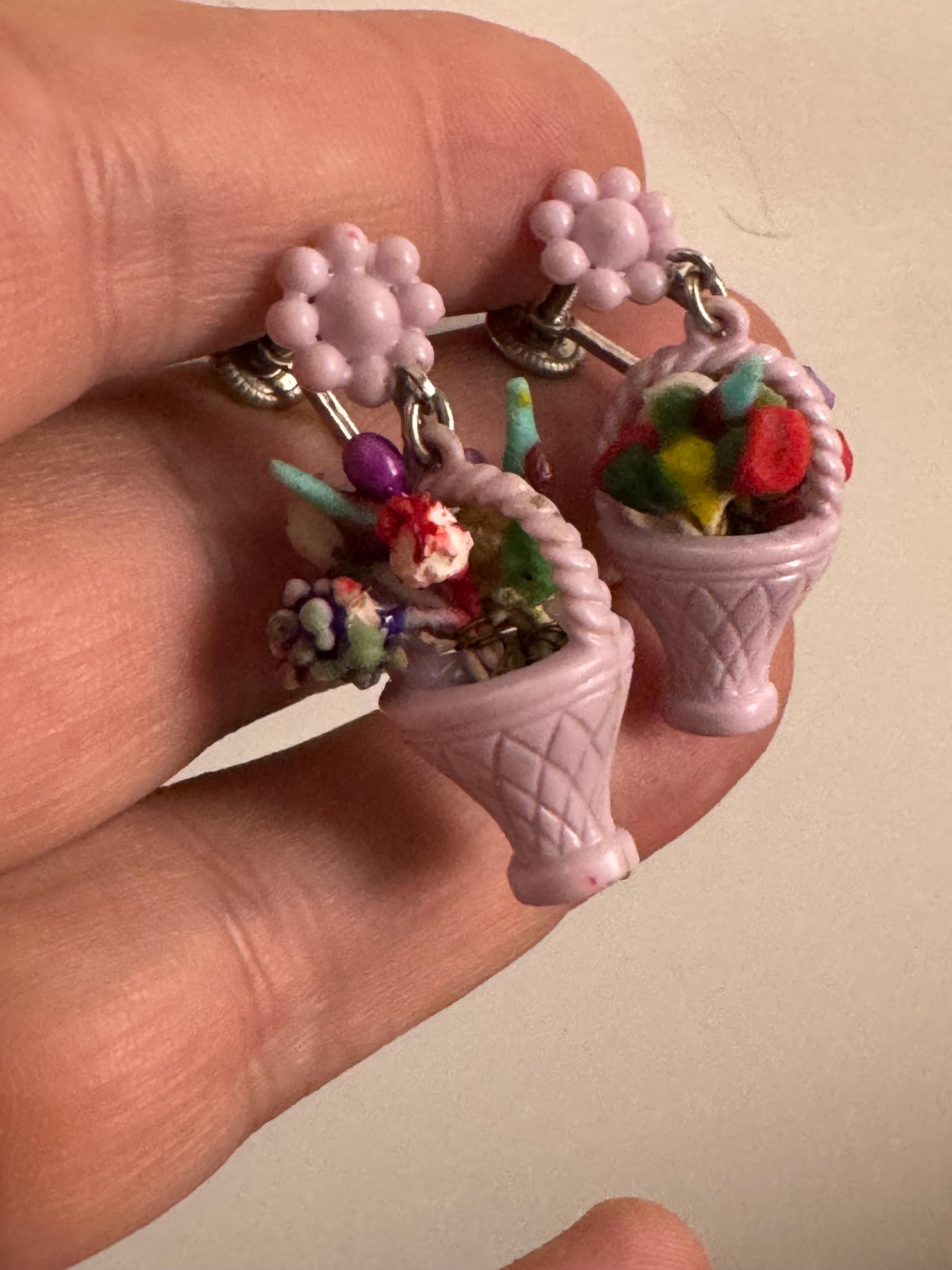 Super kitsch vintage lilac purple plastic FRUIT flower Basket clip on drop earrings 1930s Art Deco