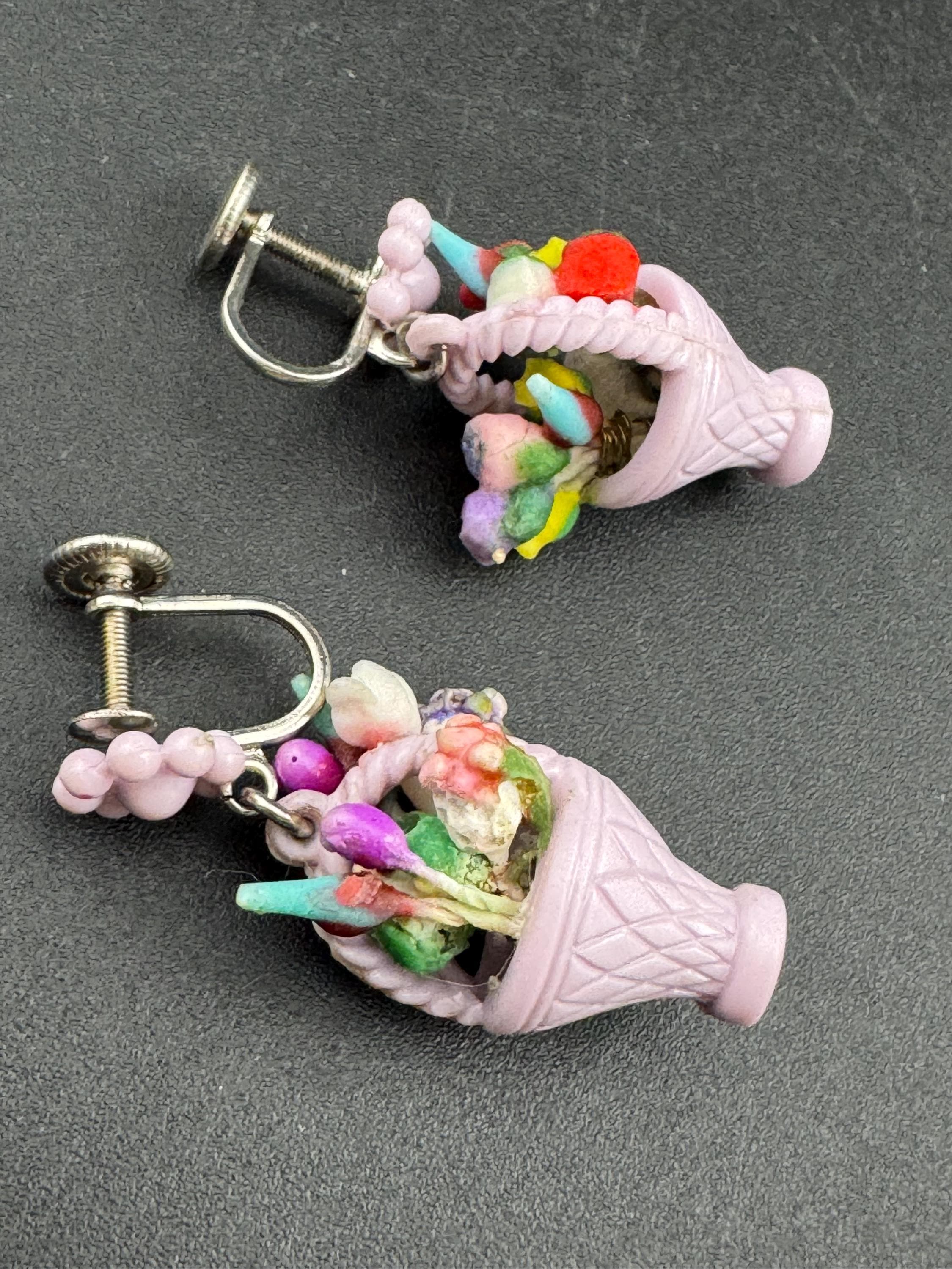 Super kitsch vintage lilac purple plastic FRUIT flower Basket clip on drop earrings 1930s Art Deco