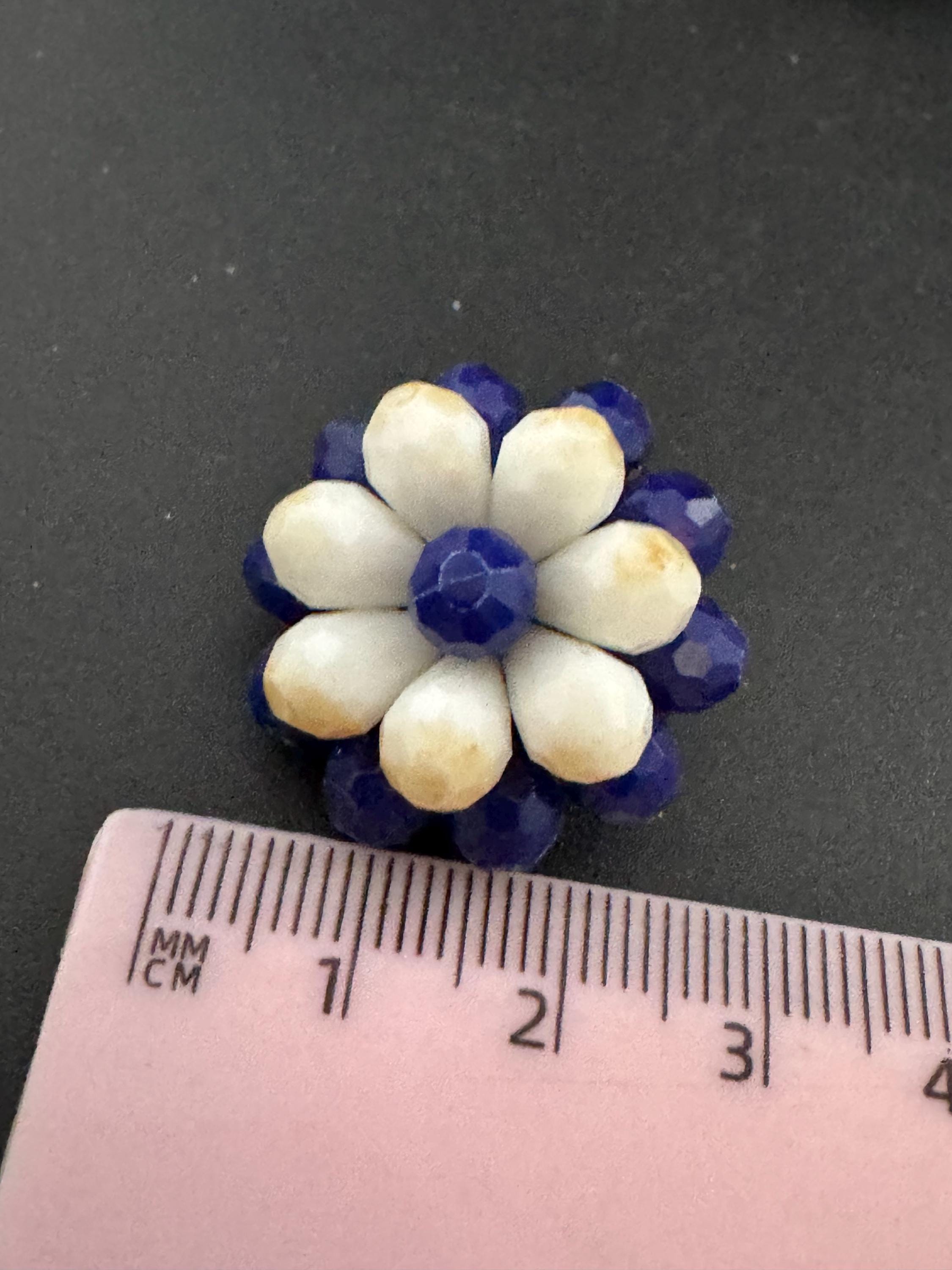 Vintage dark blue and white floral plastic beaded Cluster Clip On Earrings