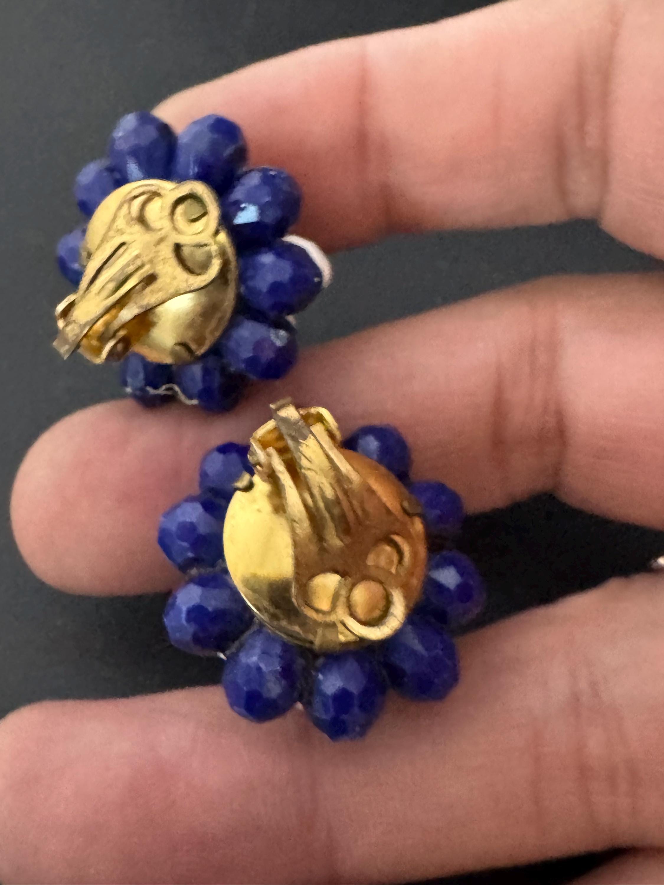 Vintage dark blue and white floral plastic beaded Cluster Clip On Earrings