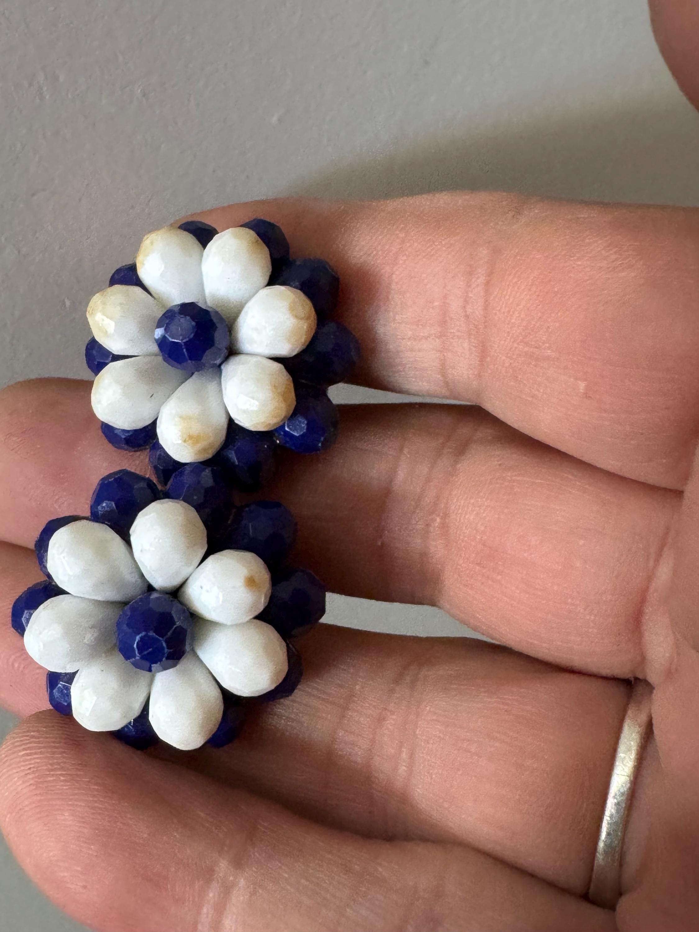 Vintage dark blue and white floral plastic beaded Cluster Clip On Earrings