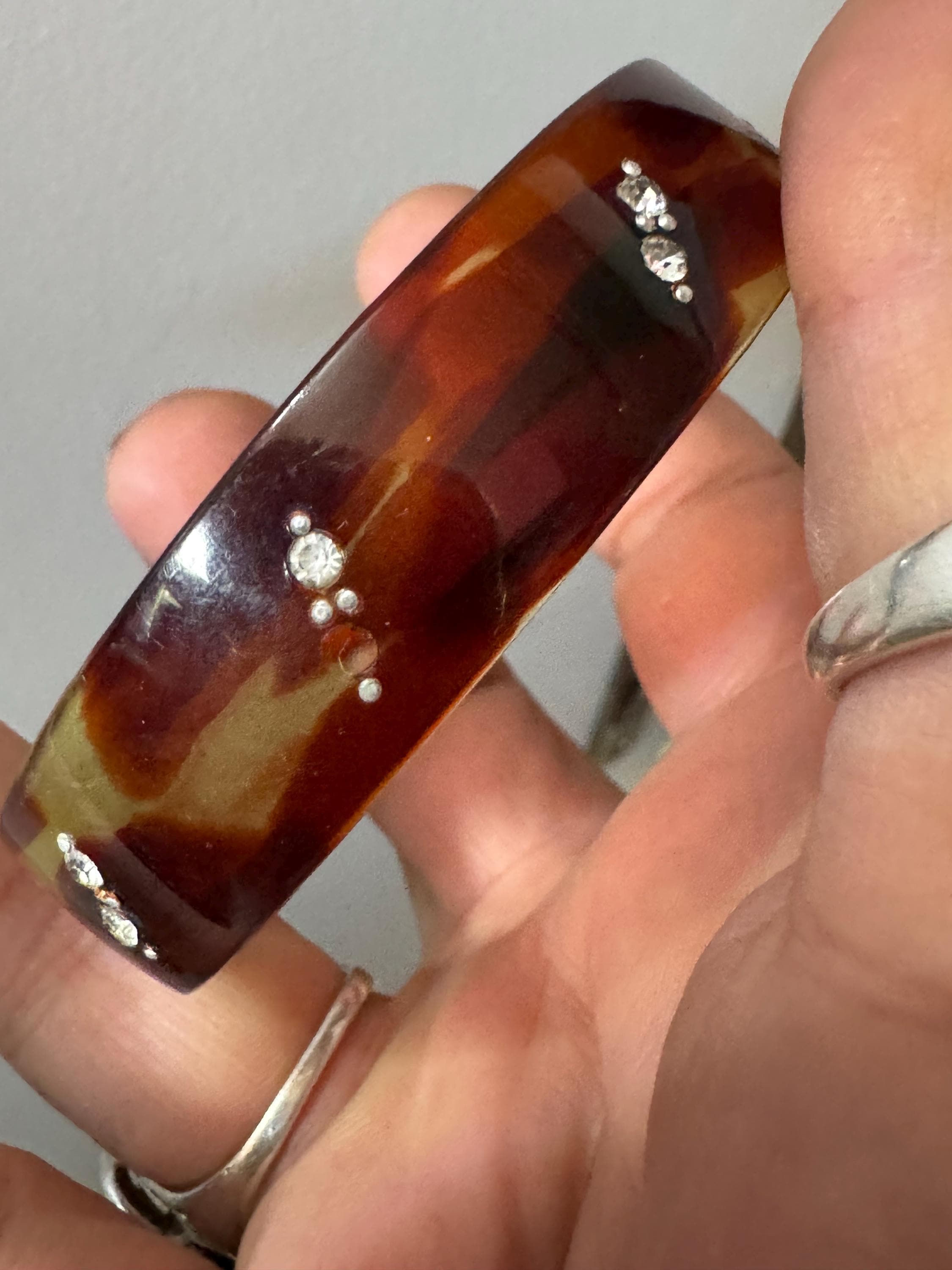 Art Deco Galalith Bangle Bracelet: Faux Tortoiseshell Celluloid, Paste Stones