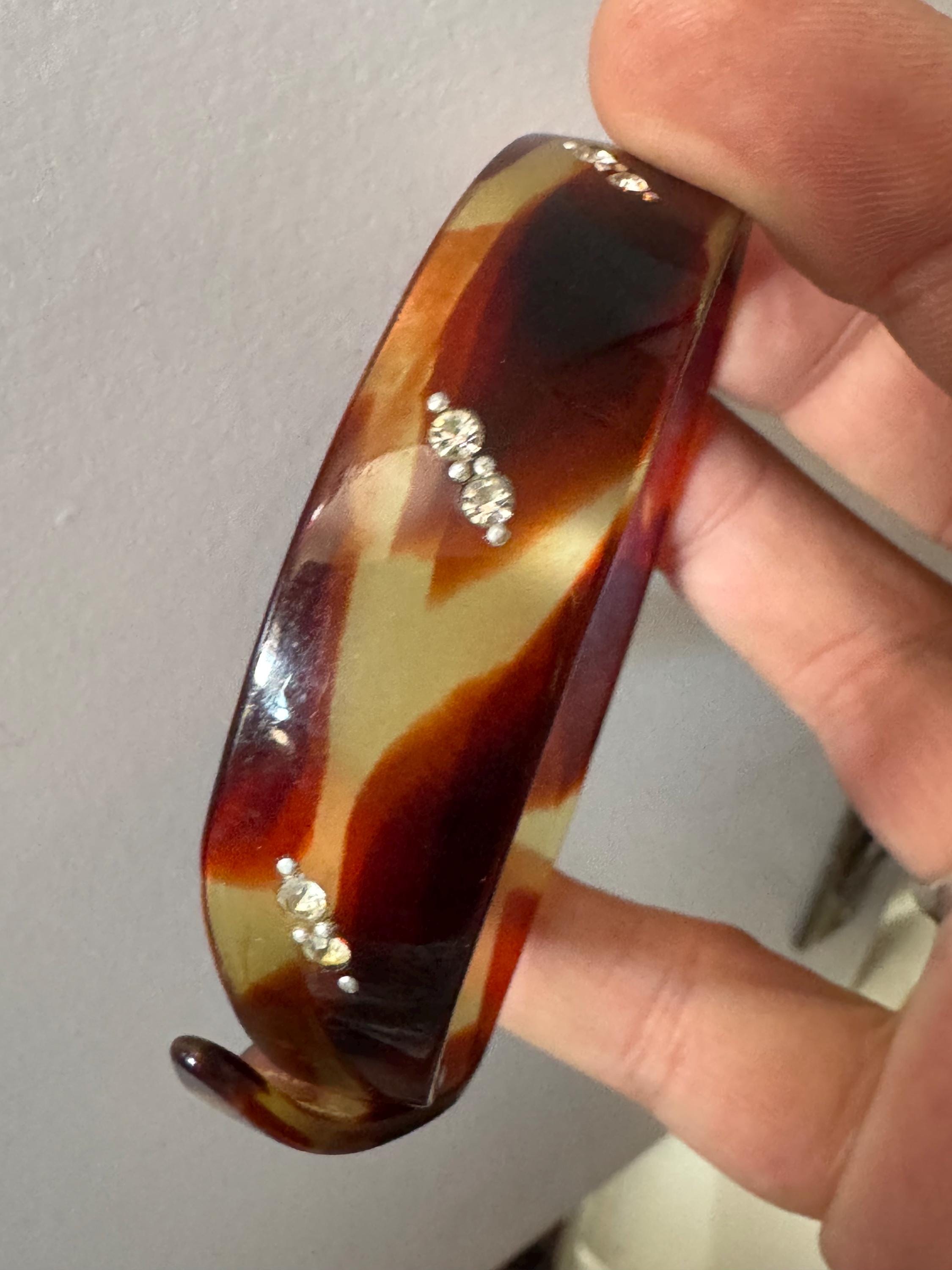 Art Deco Galalith Bangle Bracelet: Faux Tortoiseshell Celluloid, Paste Stones