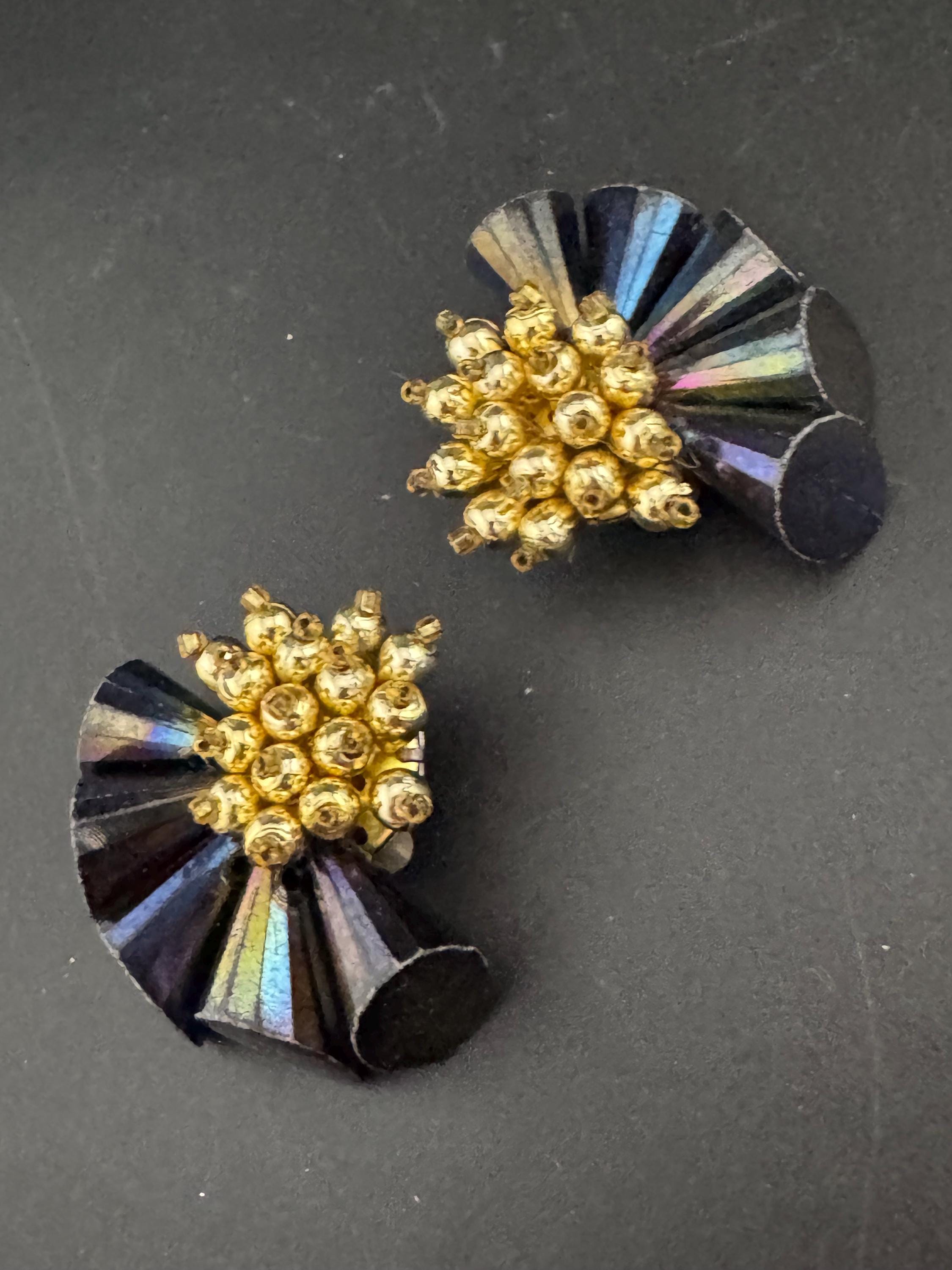 Oversized 4cm black gold plastic cluster beaded round domed Clip On Earrings Vintage