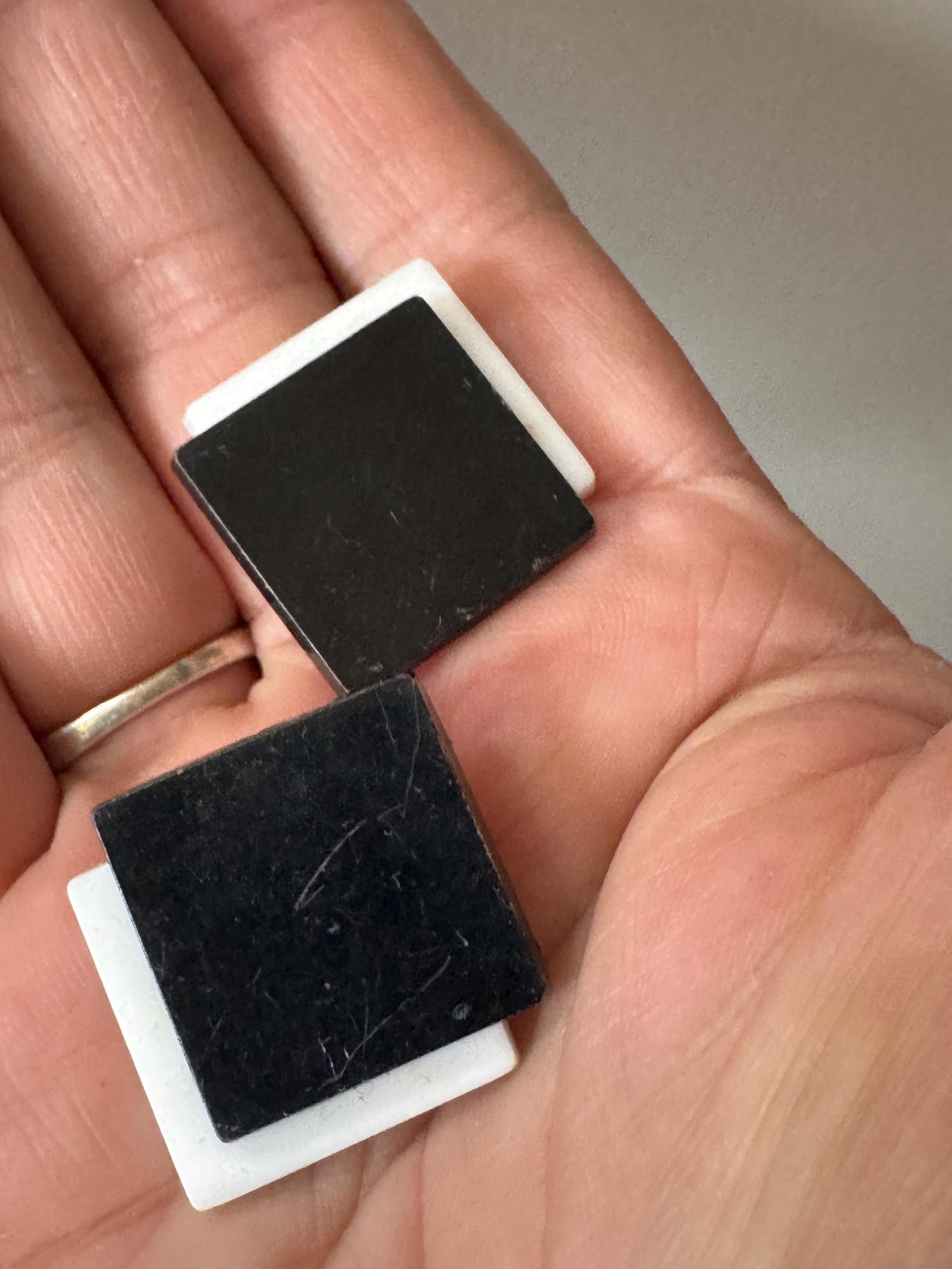 Vintage 1960s black and white monochrome clip on earrings, geometric diamond shape