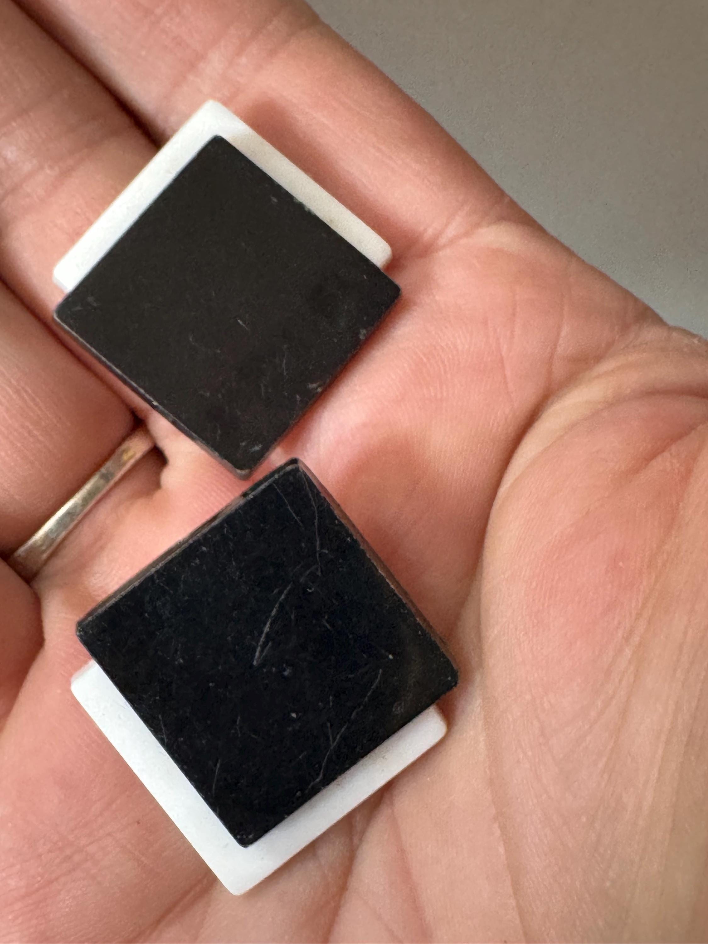 Vintage 1960s black and white monochrome clip on earrings, geometric diamond shape