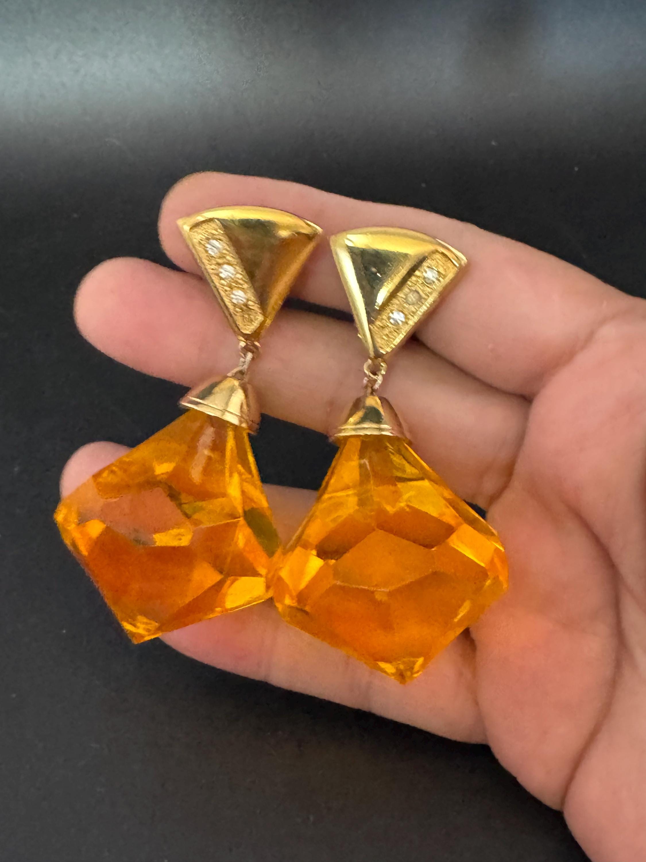Retro oversized huge  yellow orange 7cm Plastic faceted diamante teardrop dangly clip on earrings