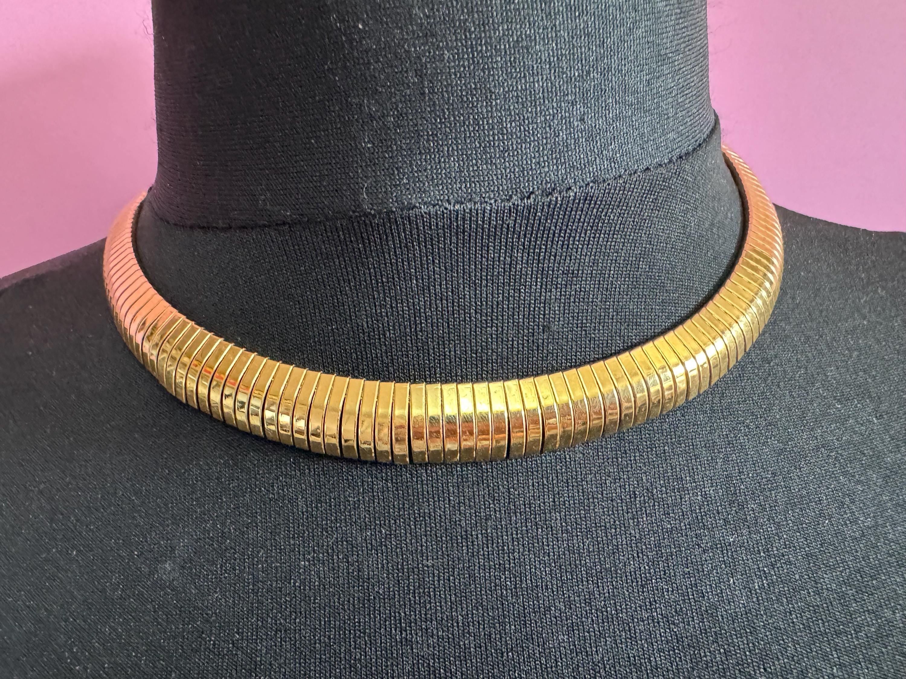 retro gold tone 12mm wide link omega choker collar necklace, Egyptian revival style