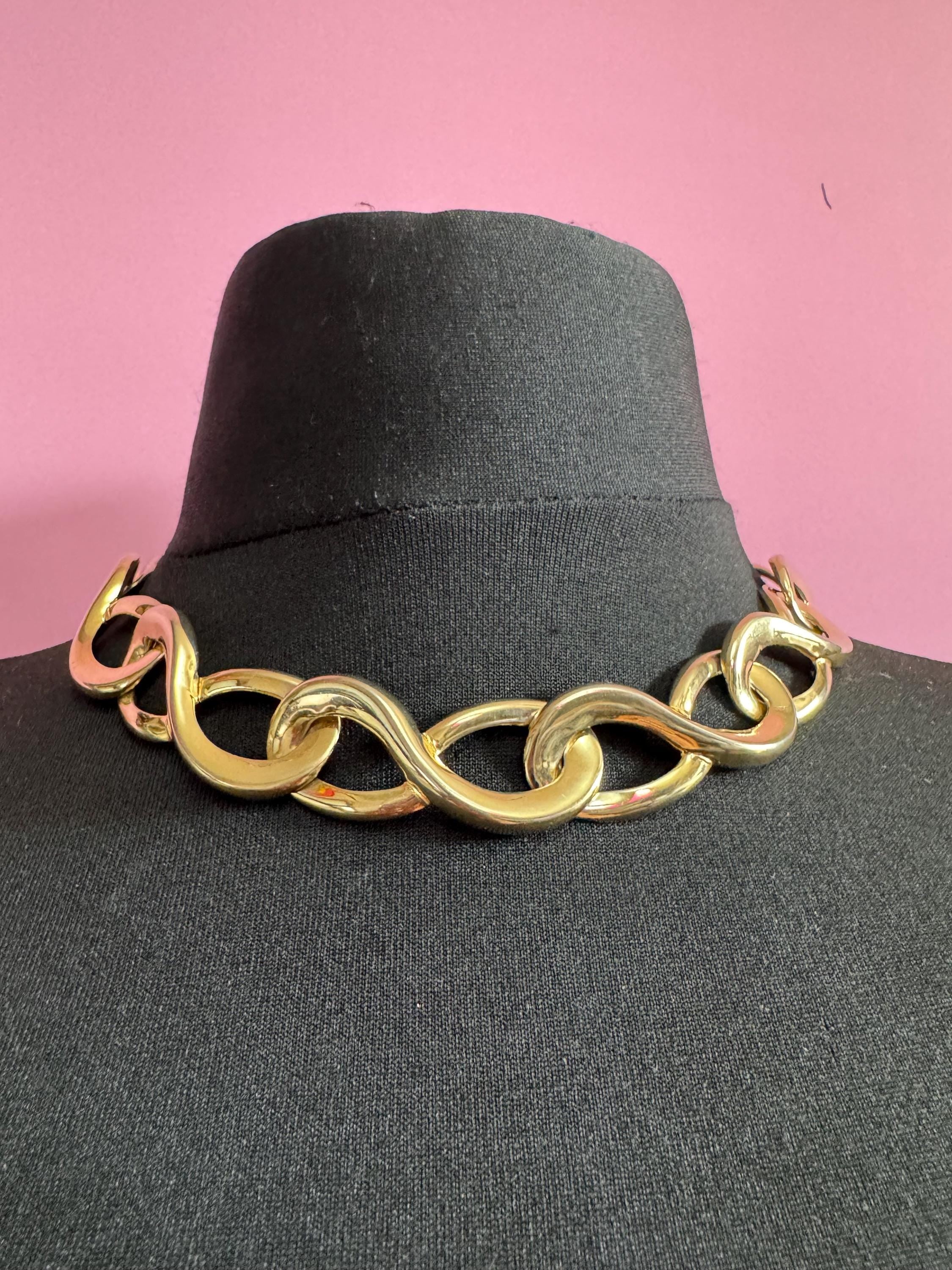80s retro gold tone wide link collar choker necklace curb chain link 46cm