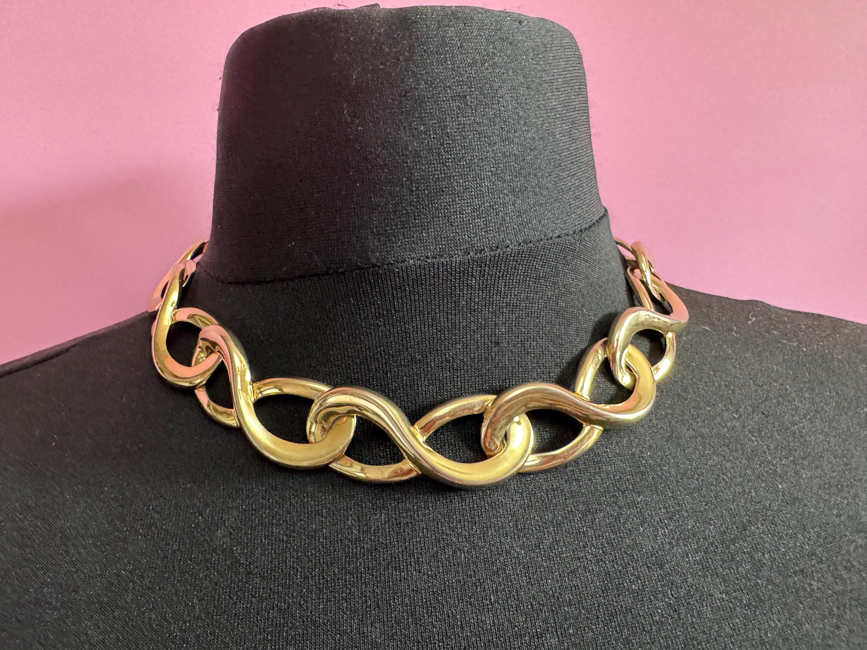 80s retro gold tone wide link collar choker necklace curb chain link 46cm