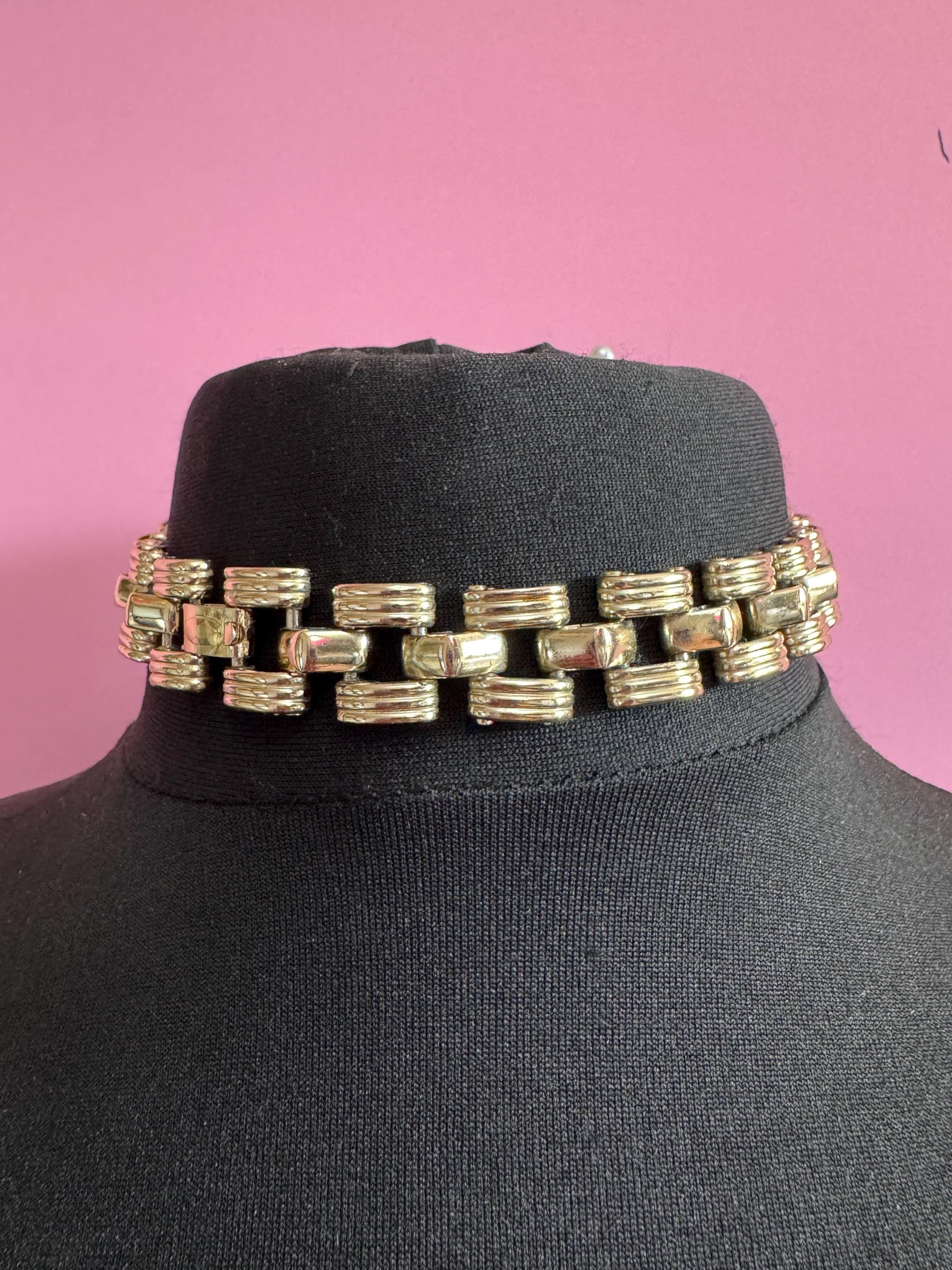 Vintage Petra Egyptian Revival Choker: Gold Tone Wide Panel Necklace