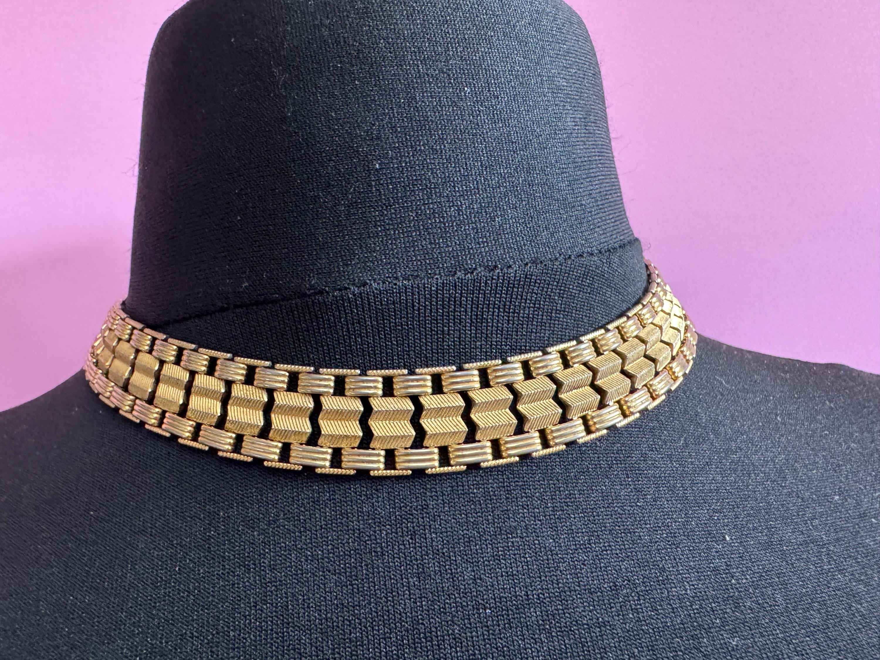Mid century vintage 42cm Egyptian gold tone wide panel link choker necklace 14mm
