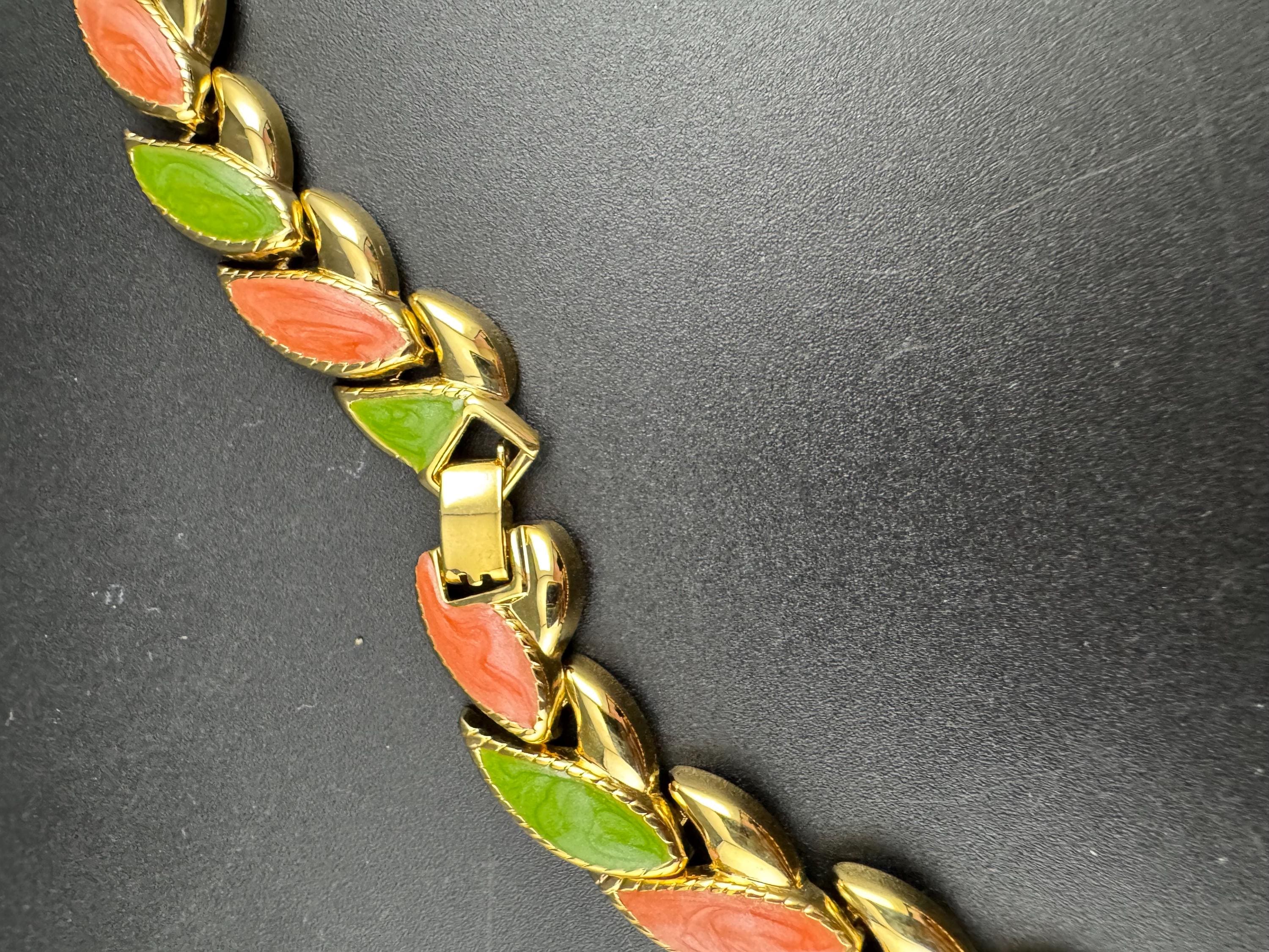 vintage lightweight gold tone embossed pink and lime green enamel choker necklace
