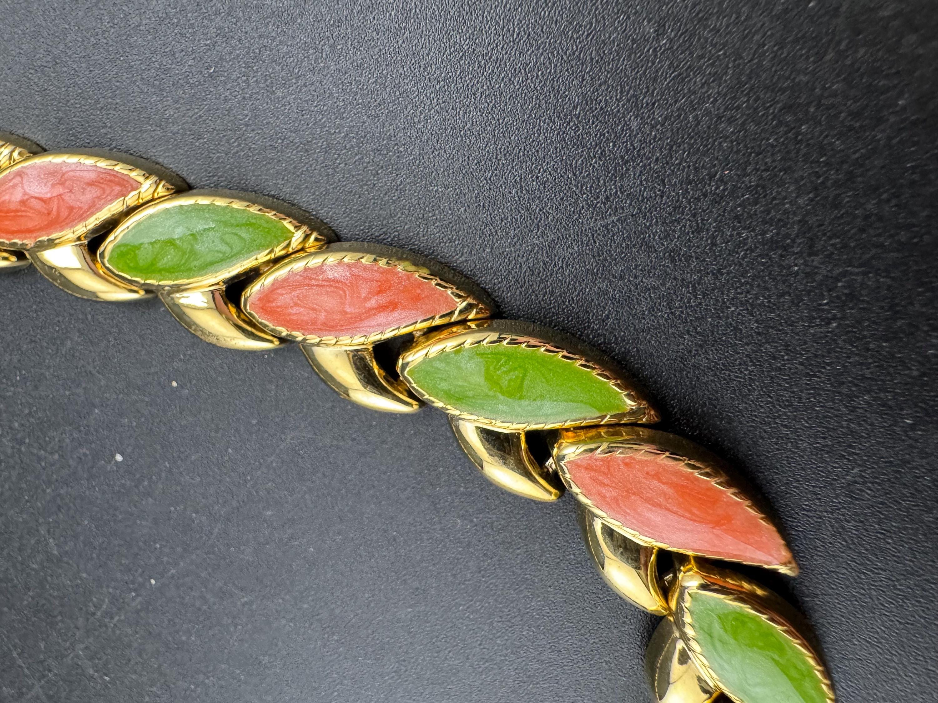 vintage lightweight gold tone embossed pink and lime green enamel choker necklace