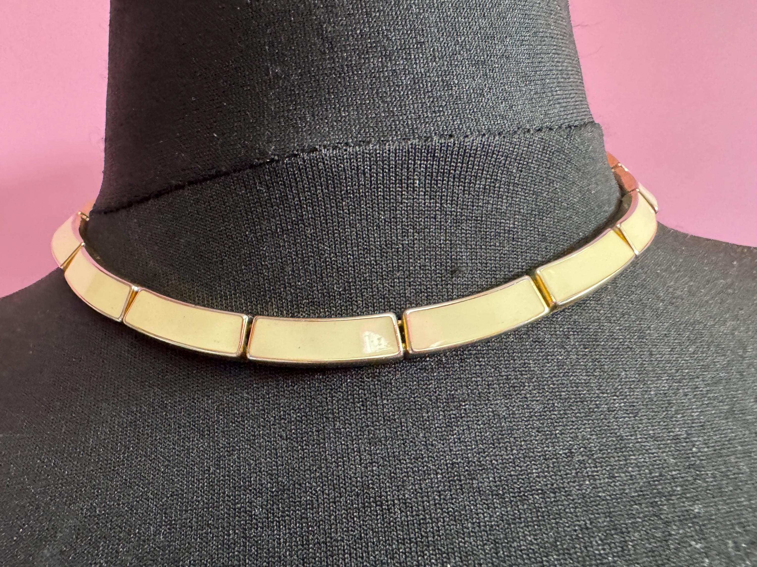 Vintage heavy gold tone and cream enamel panel link choker necklace 45cm