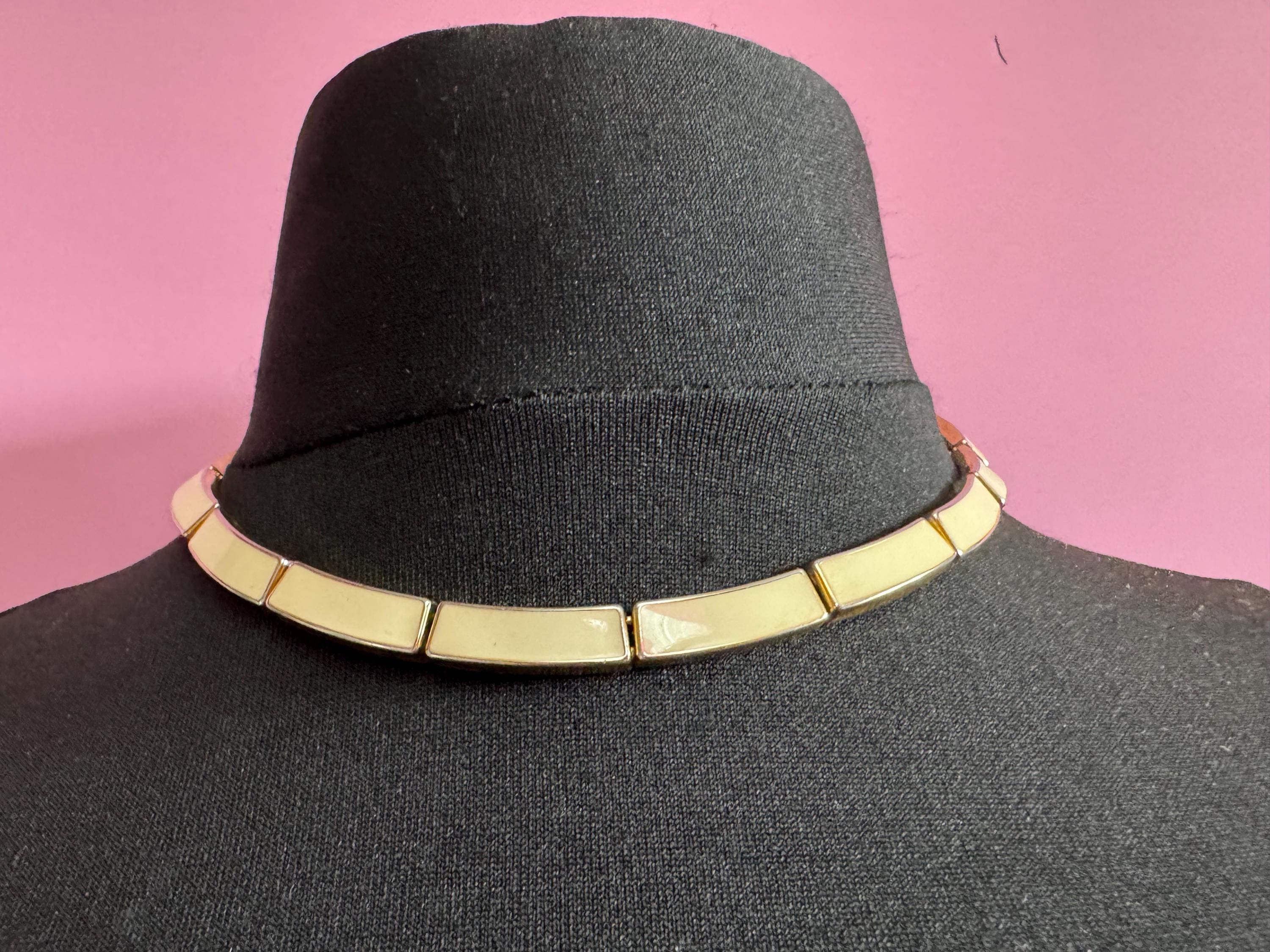 Vintage heavy gold tone and cream enamel panel link choker necklace 45cm