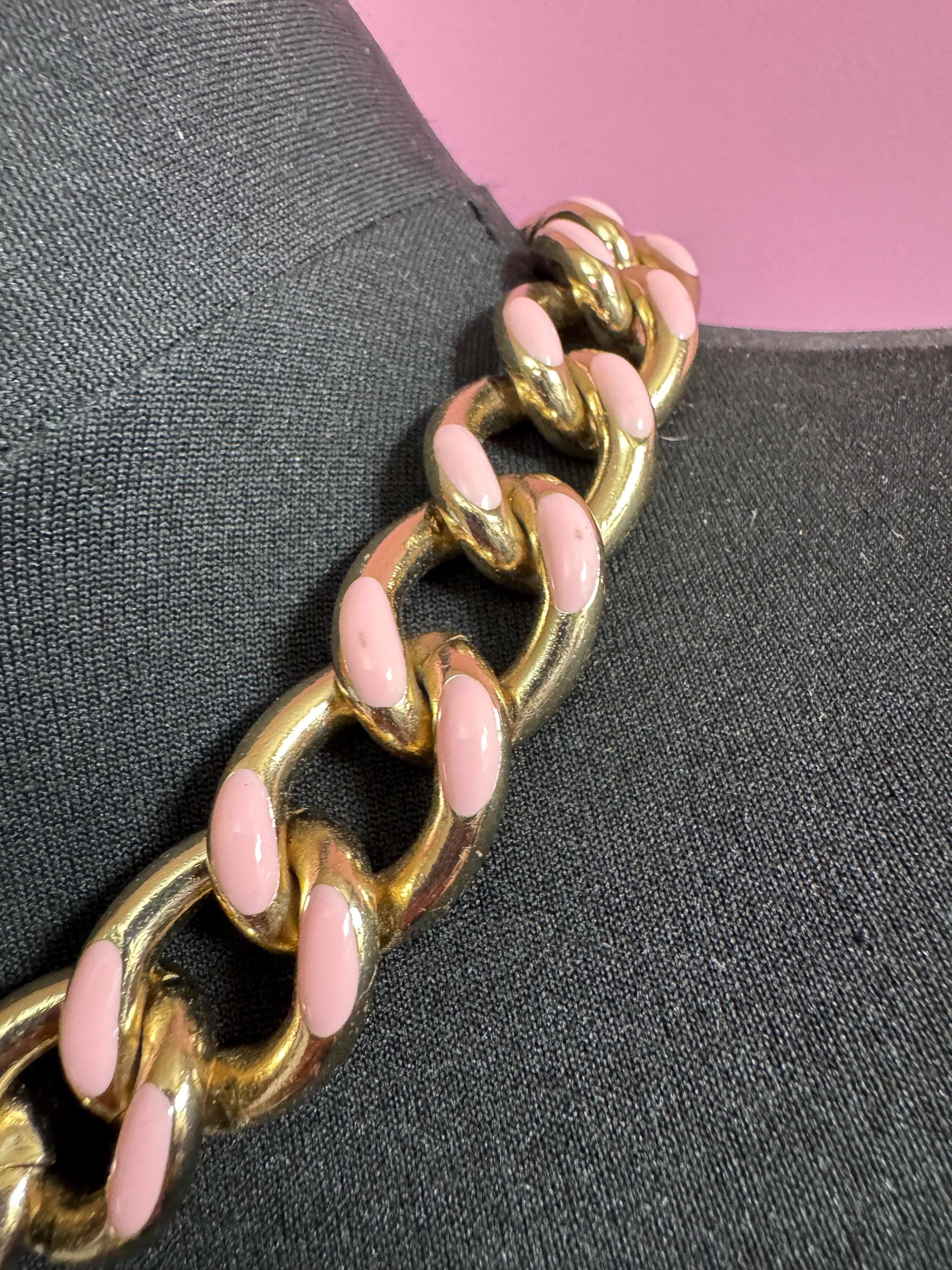Vintage weighty light pink enamel wide gold tone curb chain choker necklace