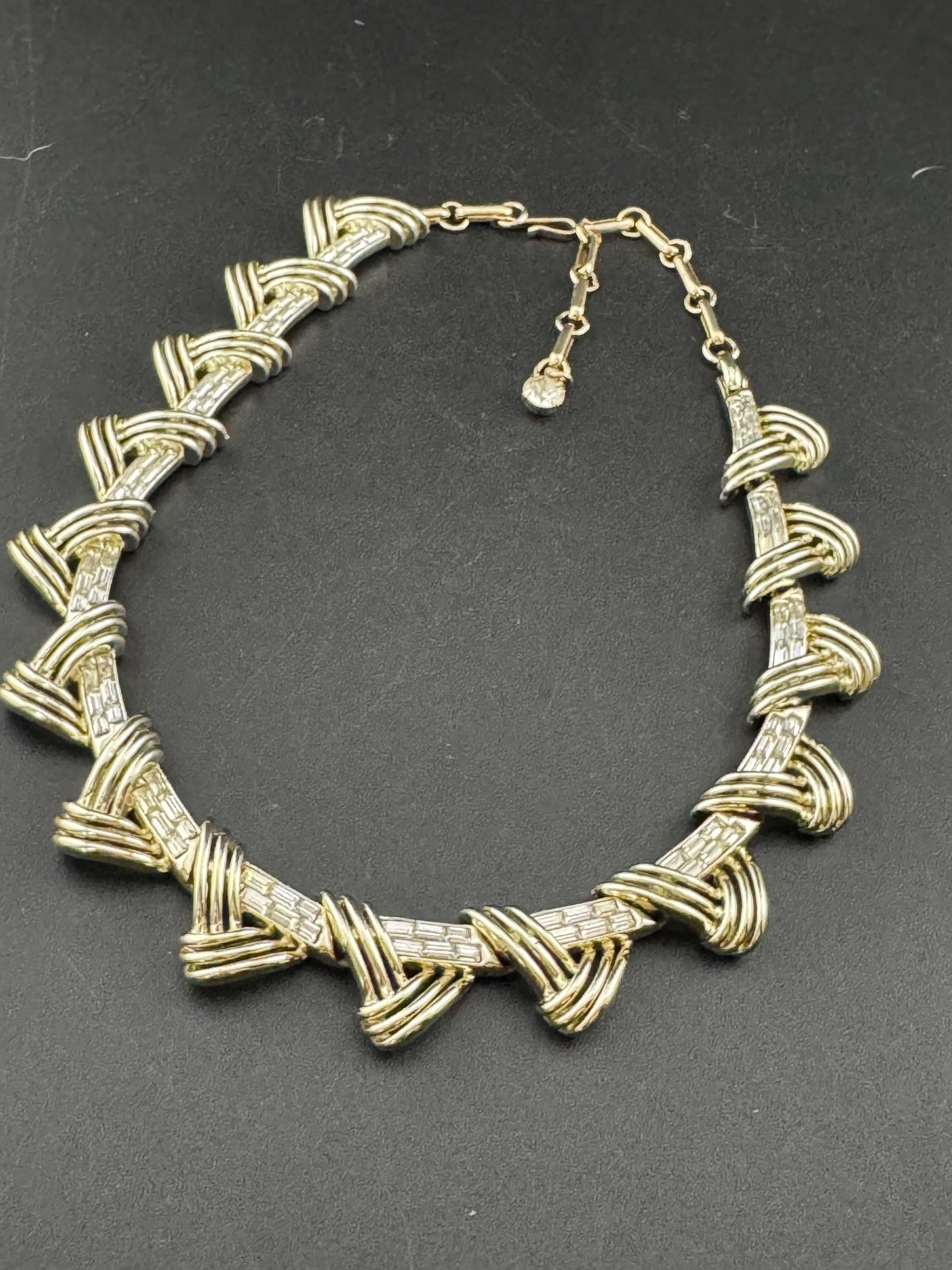 signed COROCRAFT gold tone baguette crystal rhinestone panel link choker collar necklace