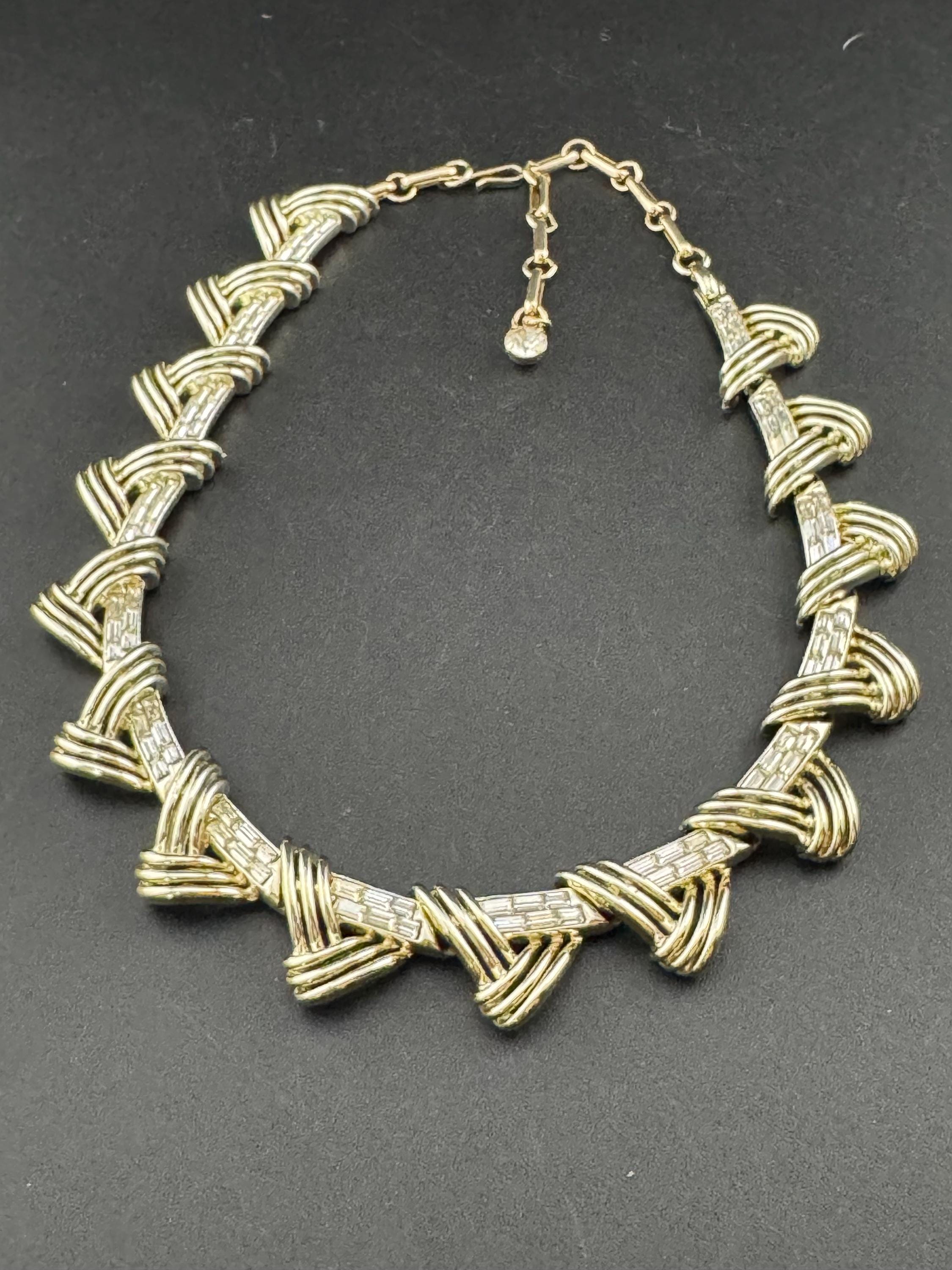signed COROCRAFT gold tone baguette crystal rhinestone panel link choker collar necklace