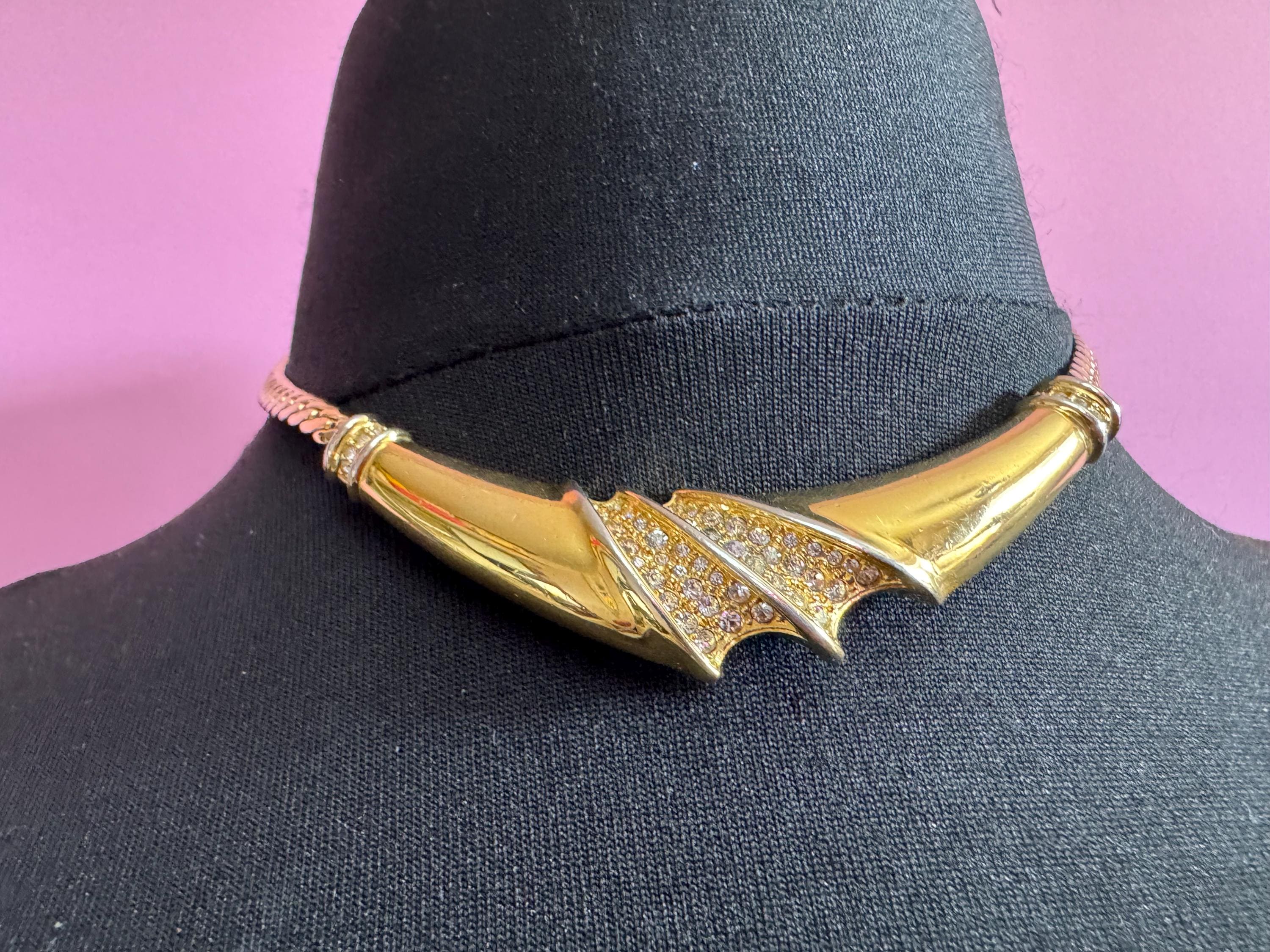 1980s Diamanté Choker Necklace: Vintage Crystal Panel, Gold Tone