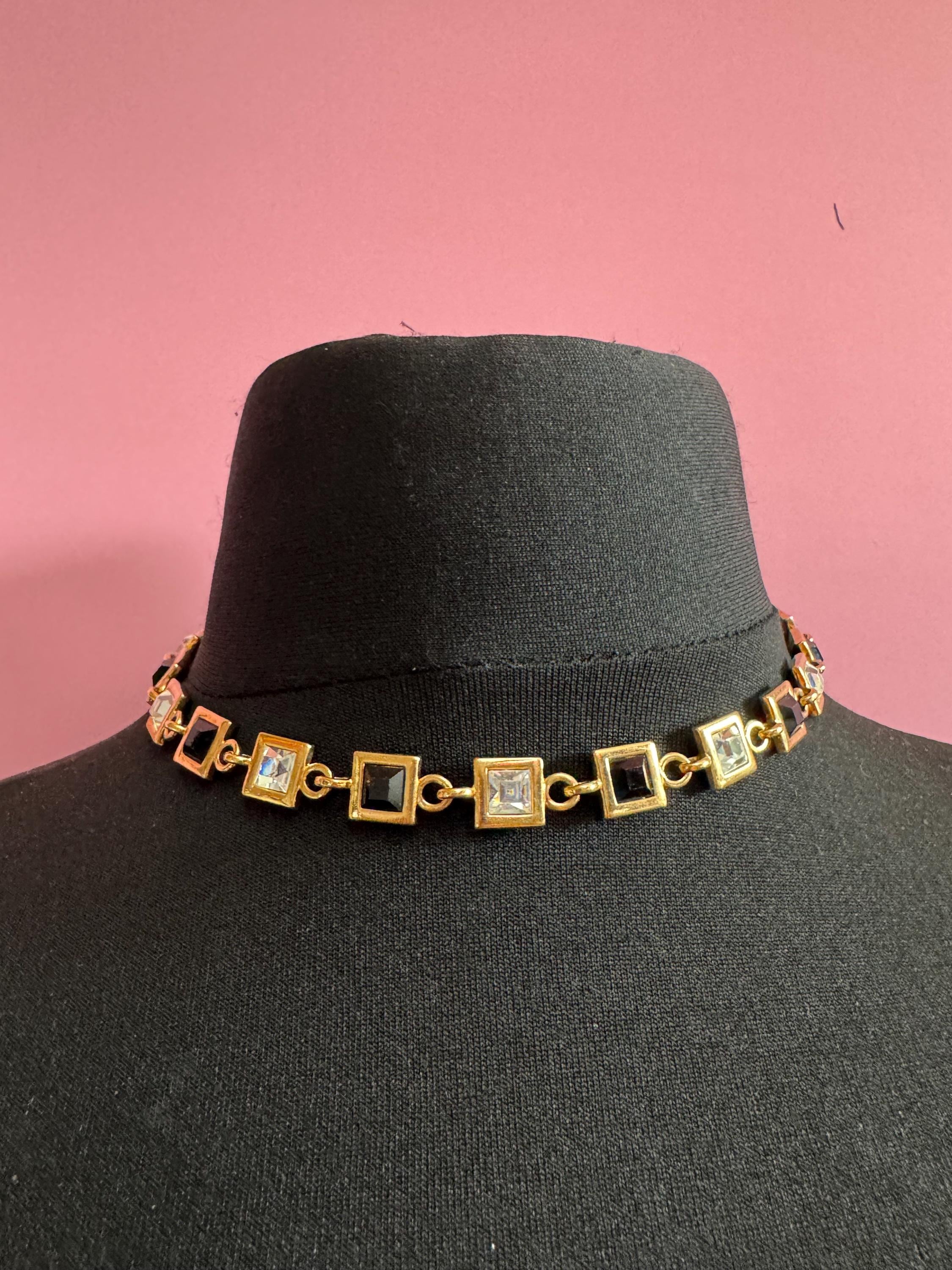 Signed square clear and black diamanté crystal collar necklace 43cm, Matt gold tone
