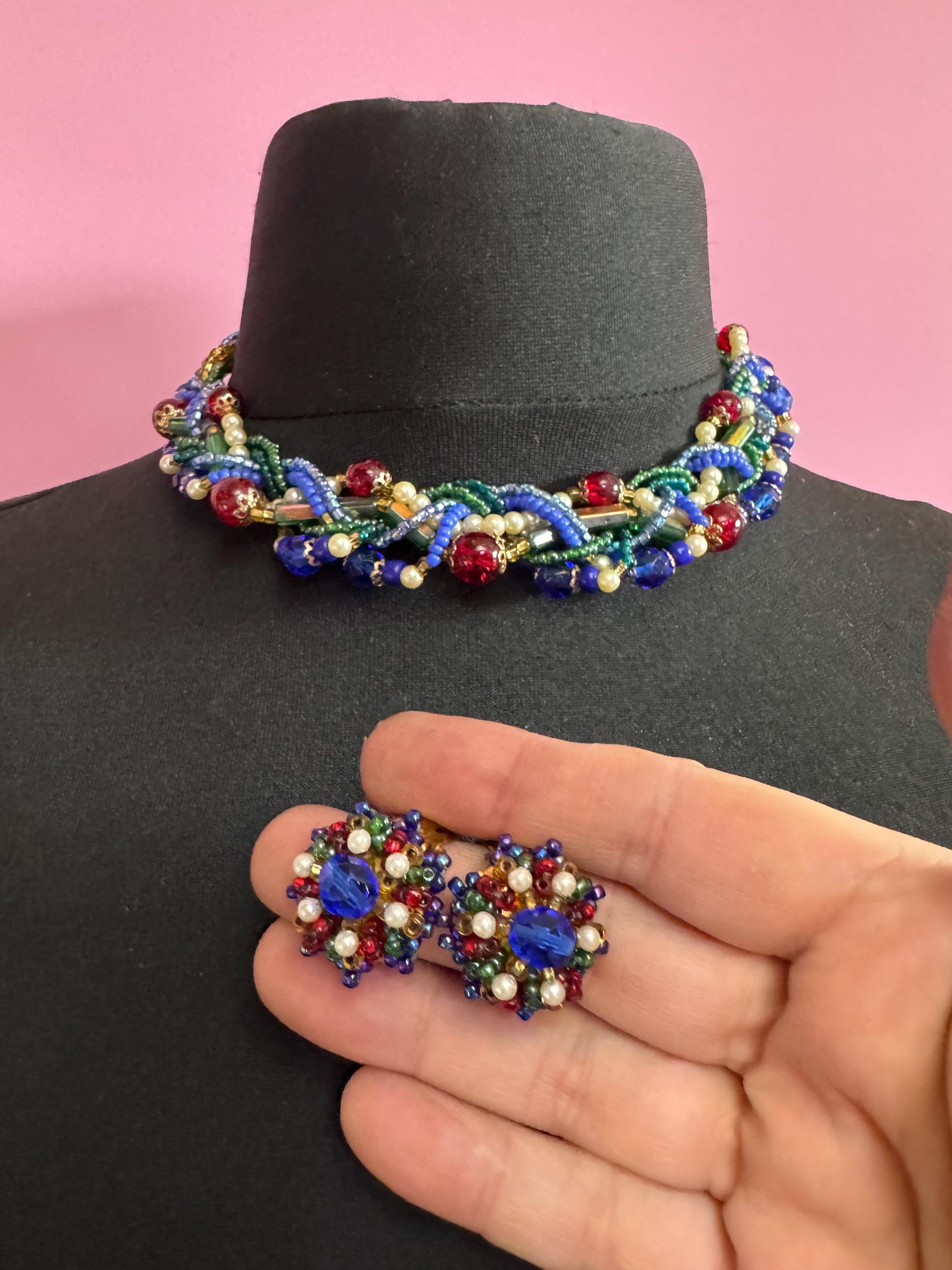 Vintage red blue green and gold seed bead twisted multi-strand necklace and matching clip on earrings, jewellery set