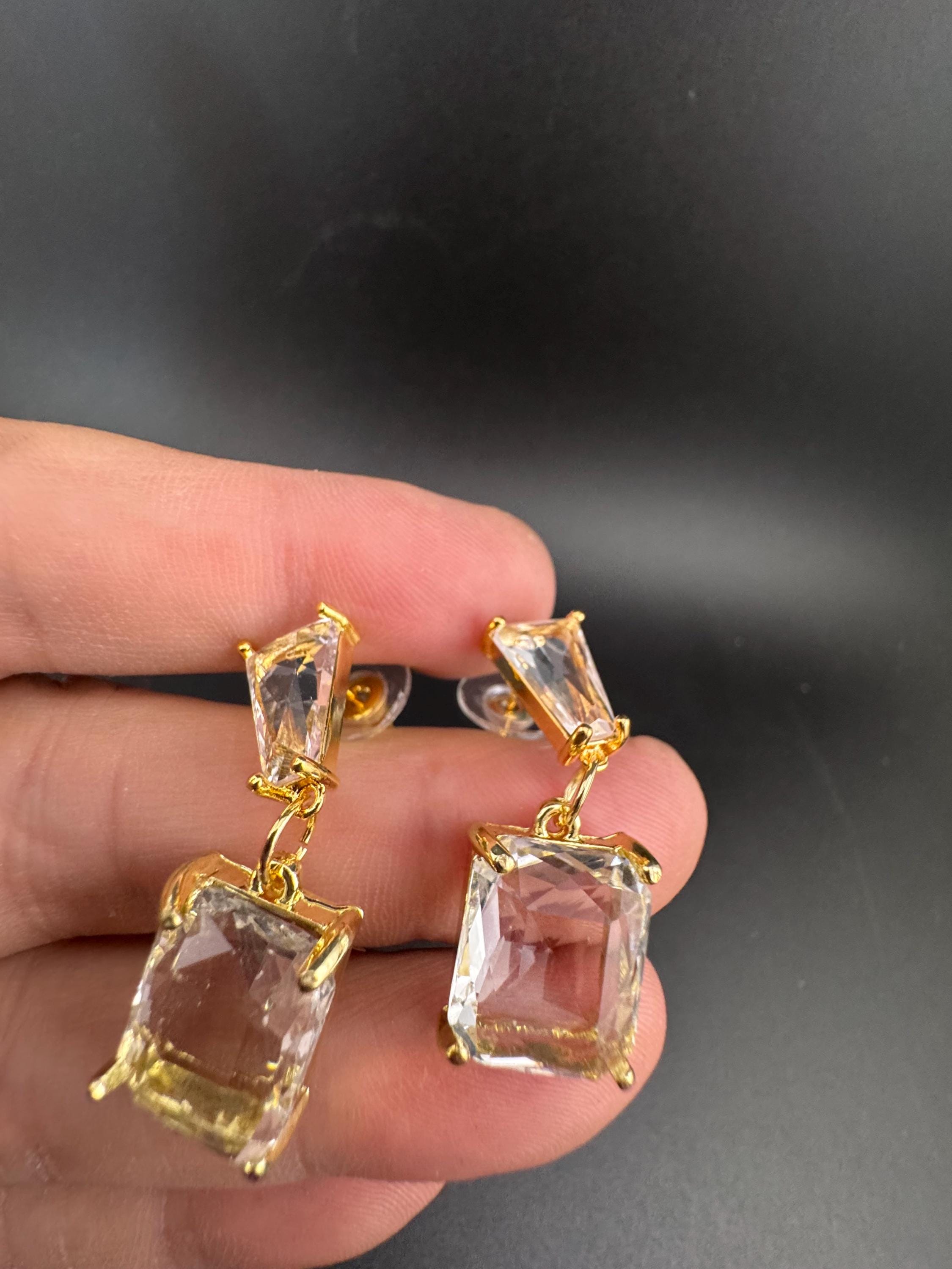 18k gold plated clear Crystal diamanté drop dangly earrings