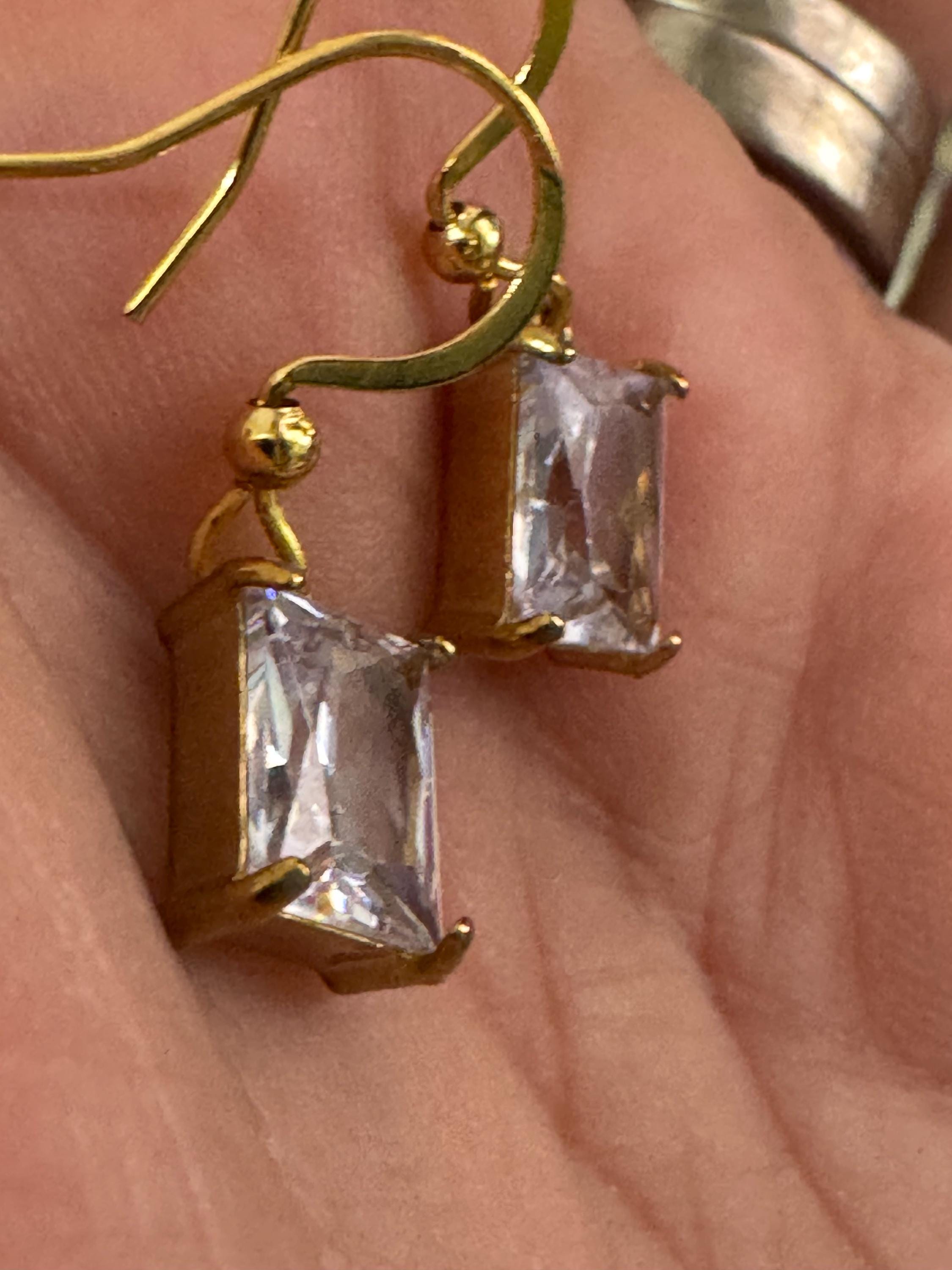 dainty emerald cut clear diamanté crystal rectangular drop earrings , gold tone earwires