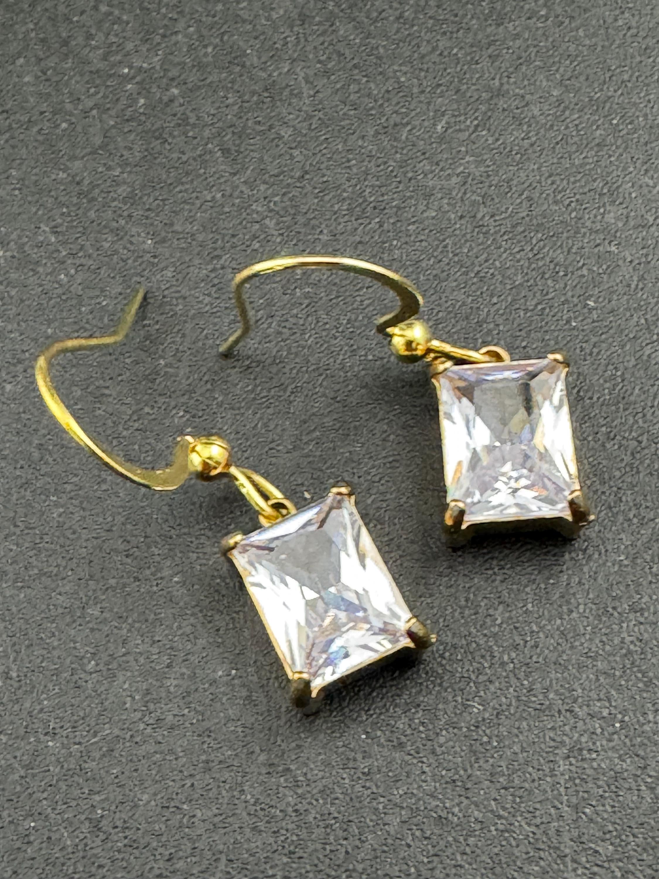 dainty emerald cut clear diamanté crystal rectangular drop earrings , gold tone earwires