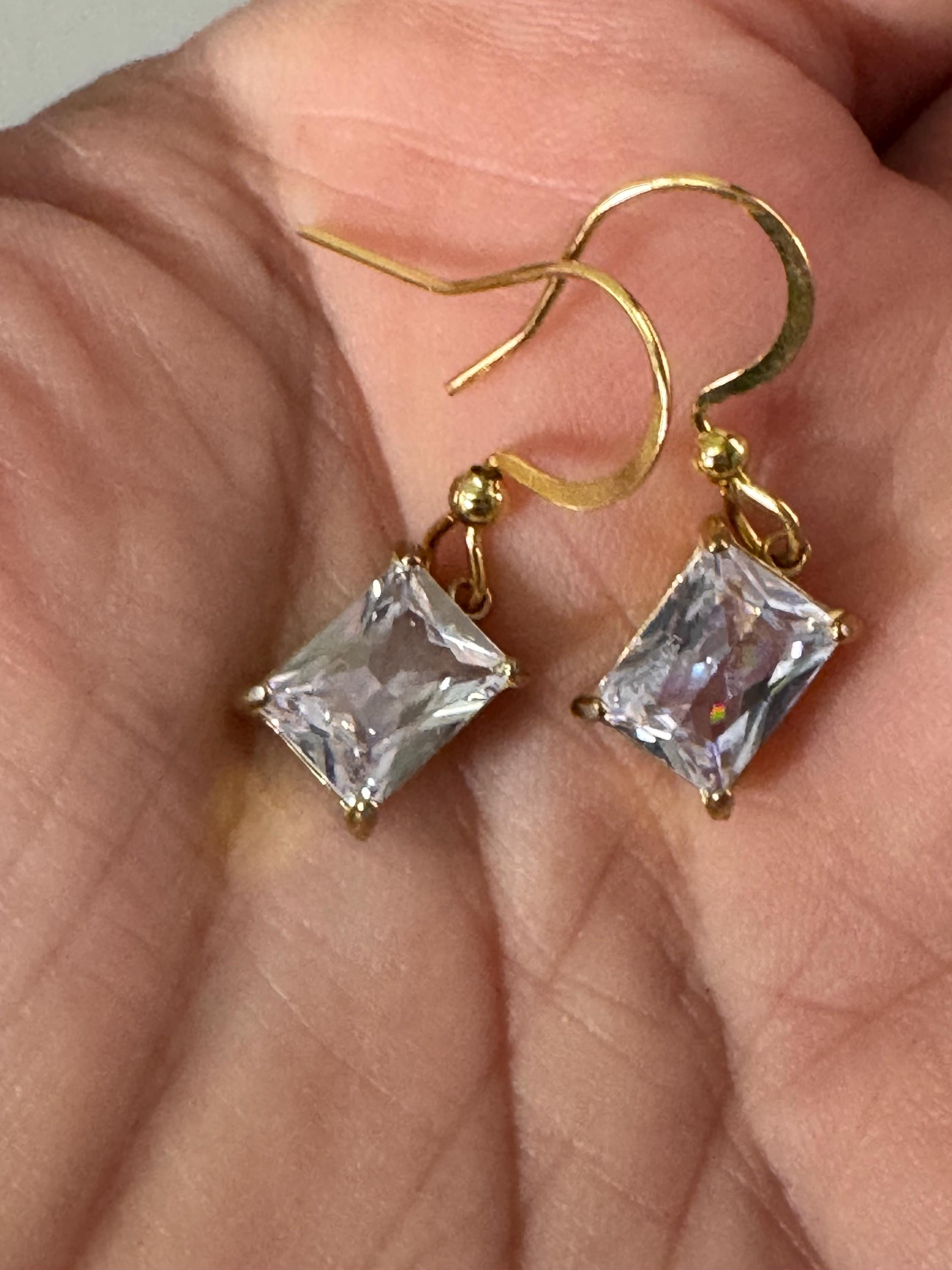 dainty emerald cut clear diamanté crystal rectangular drop earrings , gold tone earwires