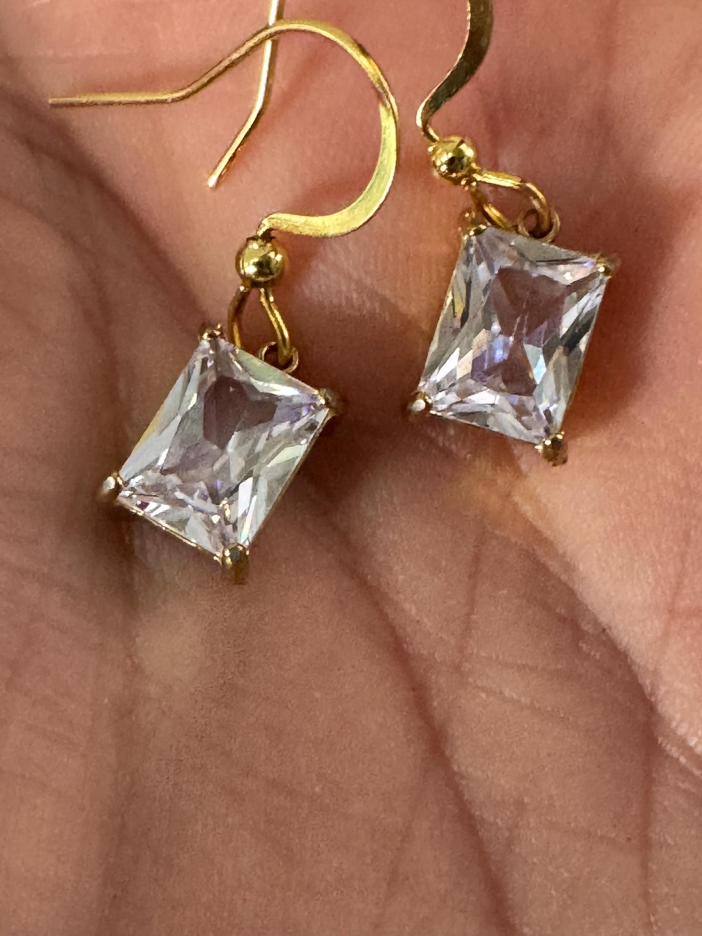 dainty emerald cut clear diamanté crystal rectangular drop earrings , gold tone earwires