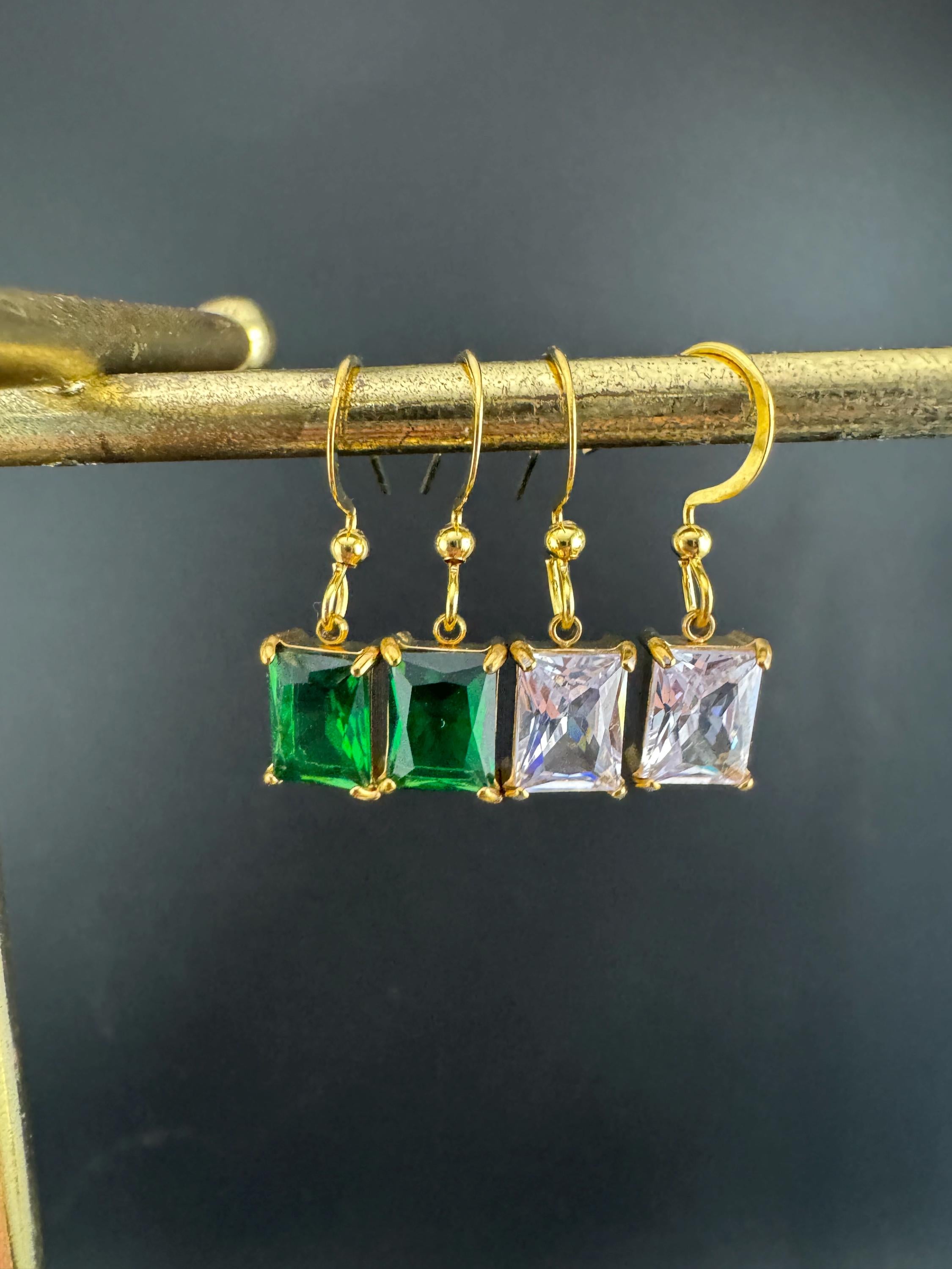 dainty emerald cut clear diamanté crystal rectangular drop earrings , gold tone earwires
