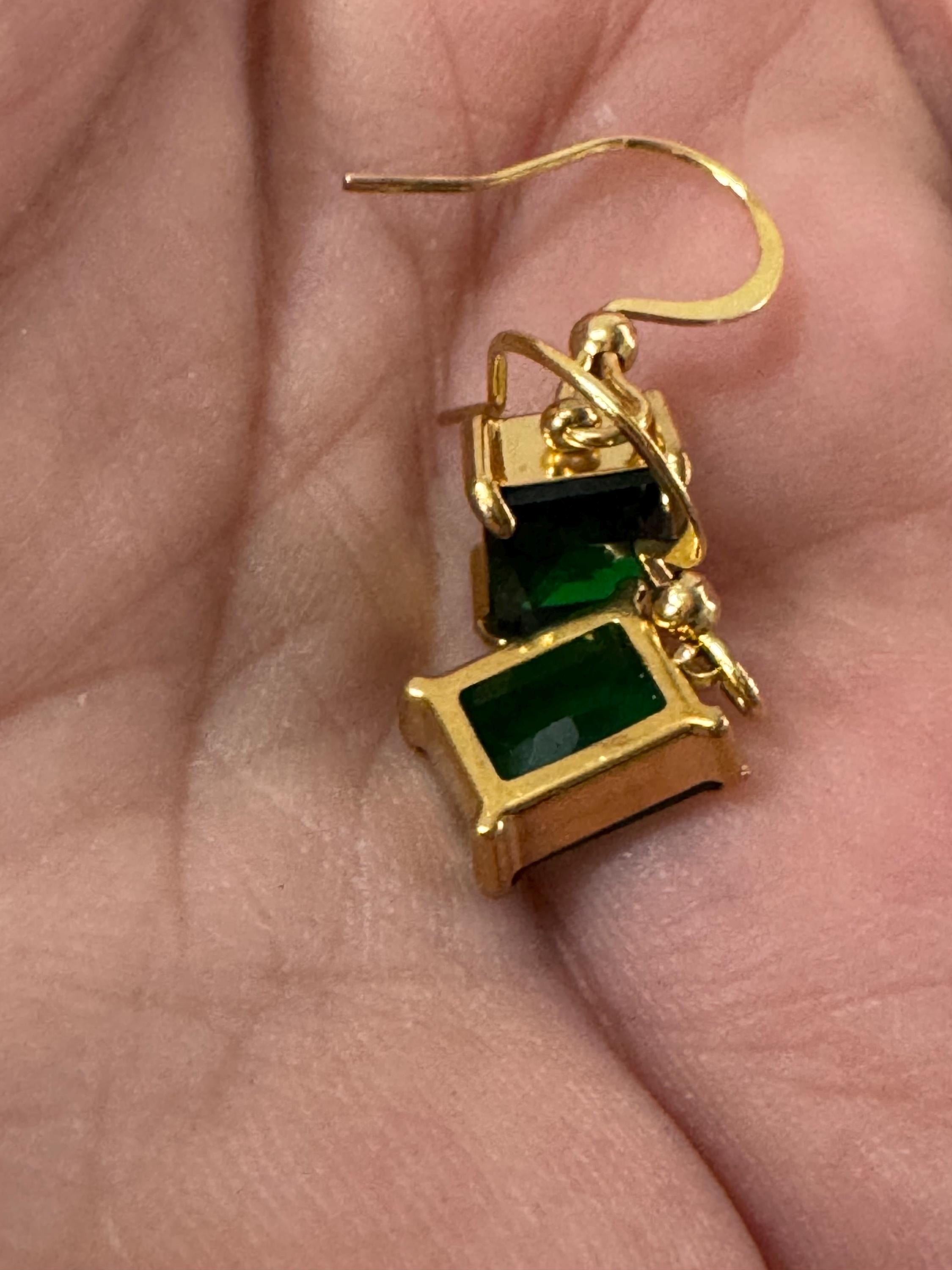 dainty emerald cut green diamanté crystal rectangular drop earrings , gold tone earwires